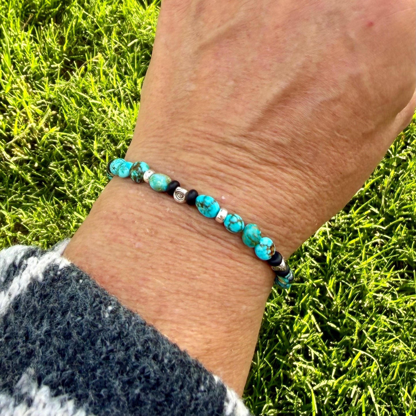 Kingman Turquoise Nugget Bracelet • Black Onyx • Sterling Silver • Evil Eye or Feather Charm