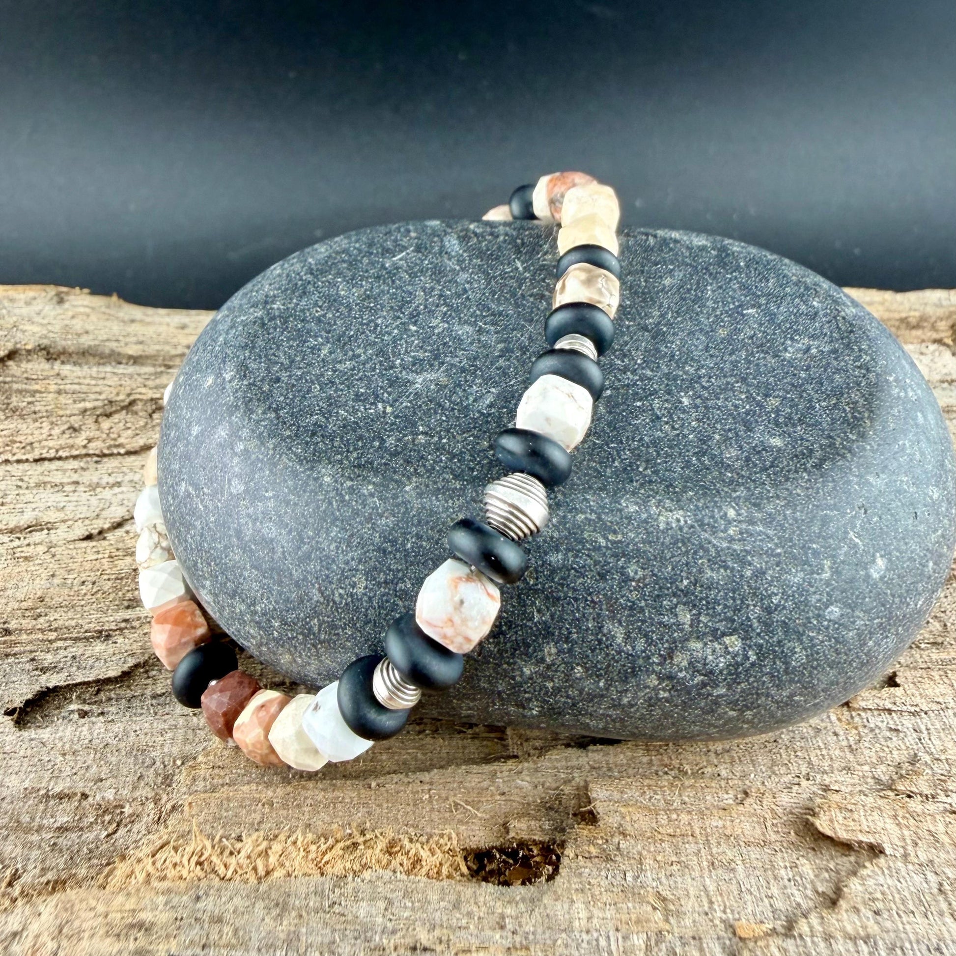 White Buffalo Dolomite & Black Onyx Bracelet • 5mm Stones • Sterling Silver