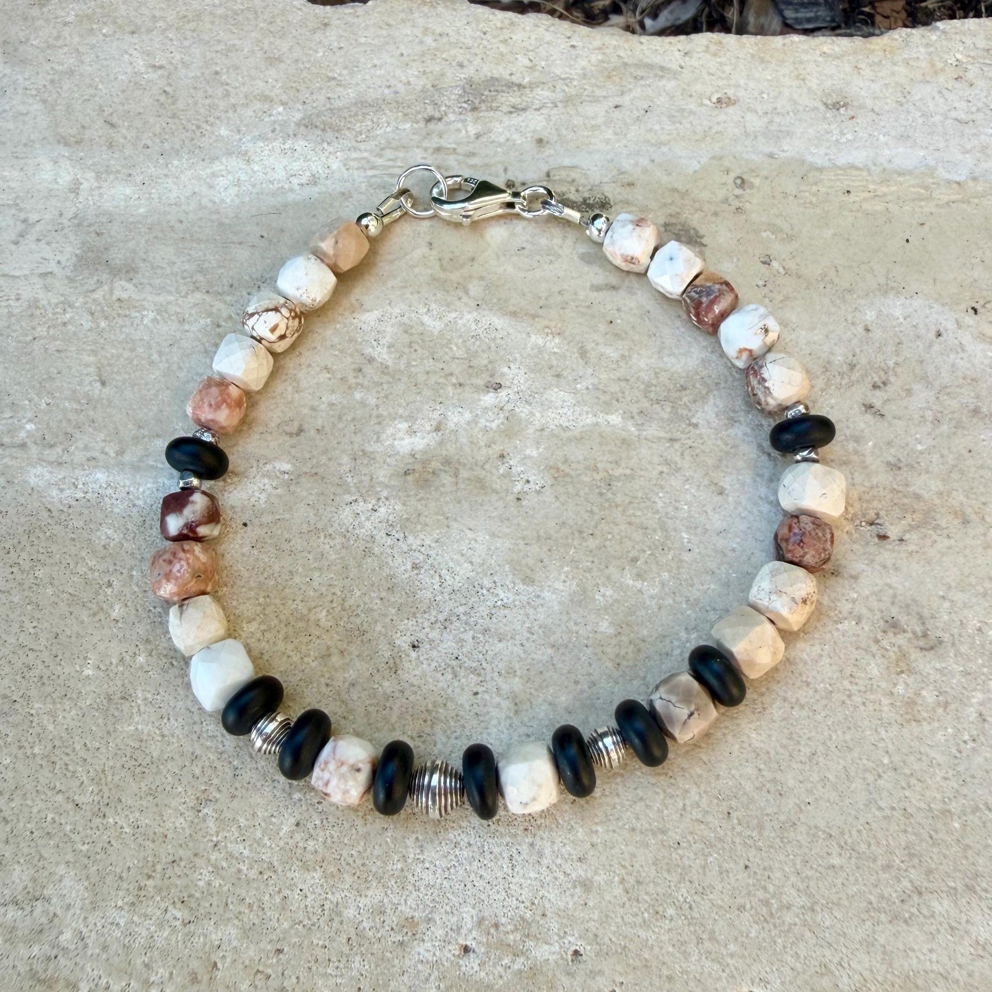 White Buffalo Dolomite & Black Onyx Bracelet • 5mm Stones • Sterling Silver