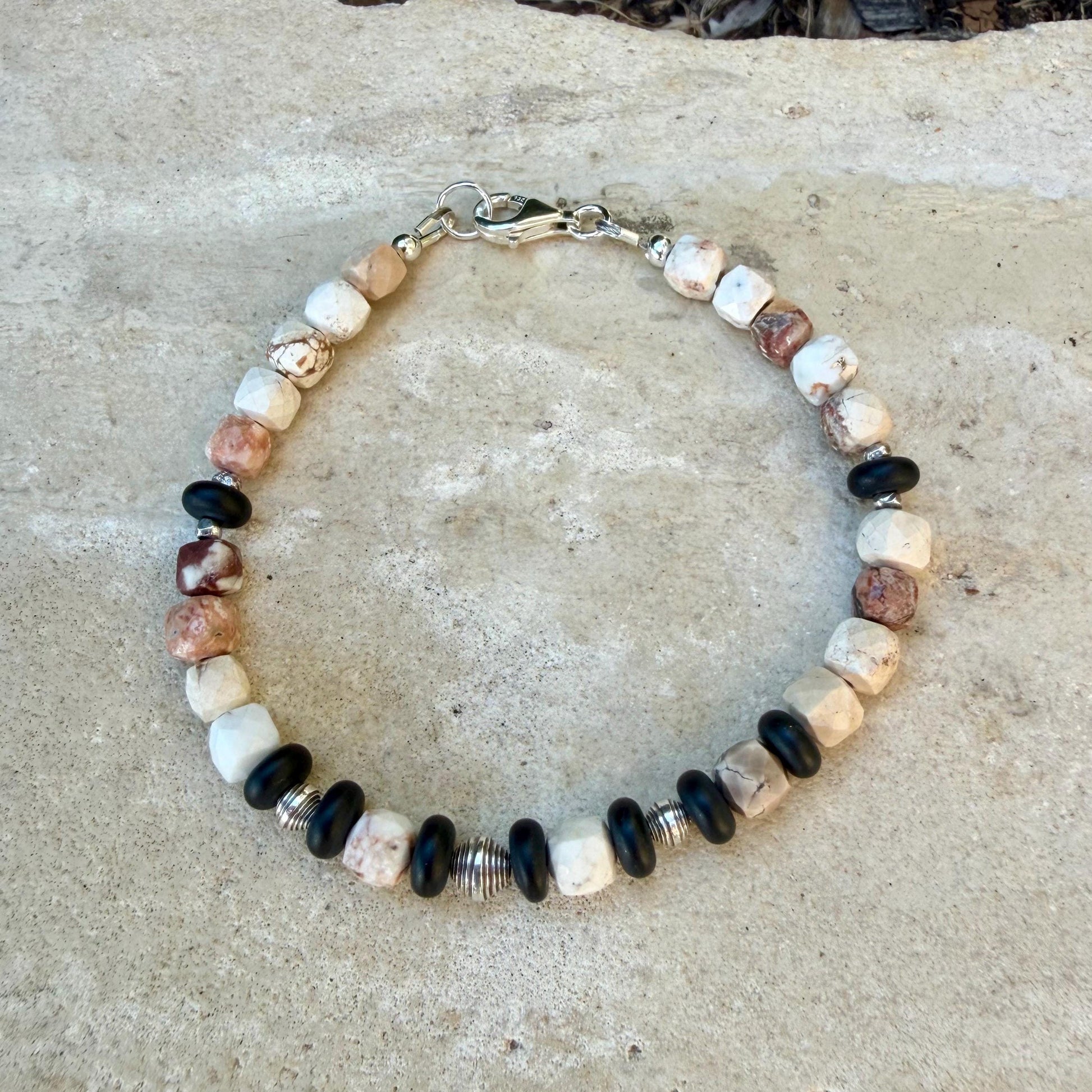 White Buffalo Dolomite & Black Onyx Bracelet • 5mm Stones • Sterling Silver