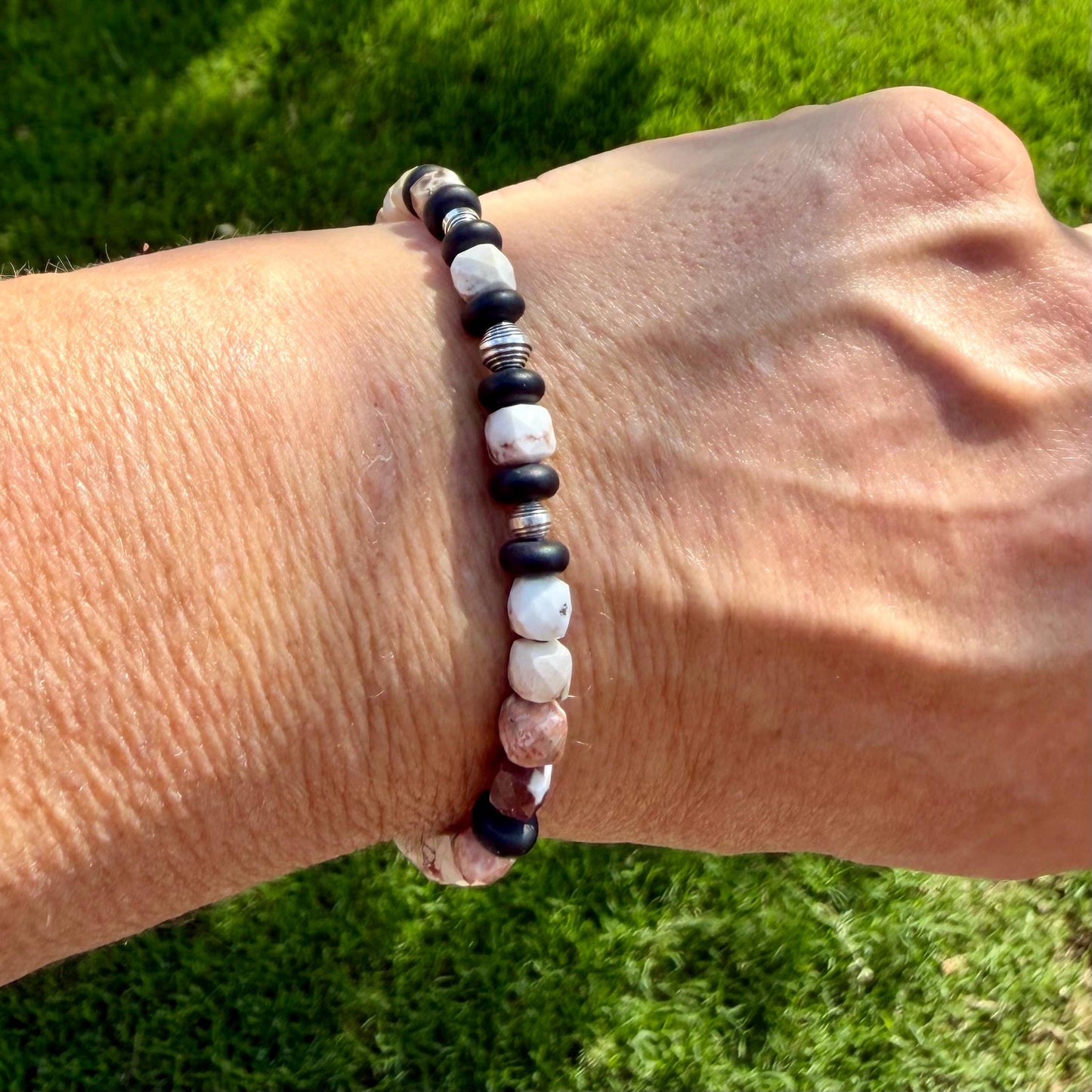 White Buffalo Dolomite & Black Onyx Bracelet • 5mm Stones • Sterling Silver