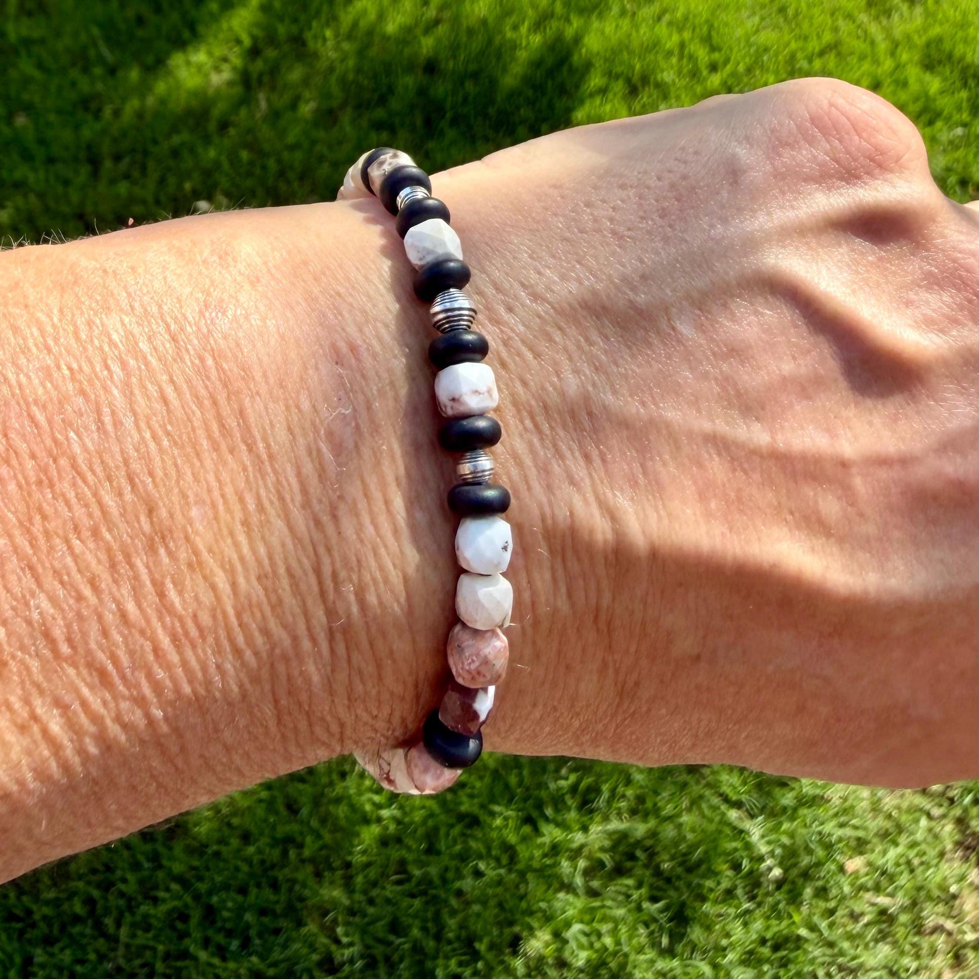 White Buffalo Dolomite & Black Onyx Bracelet • 5mm Stones • Sterling Silver