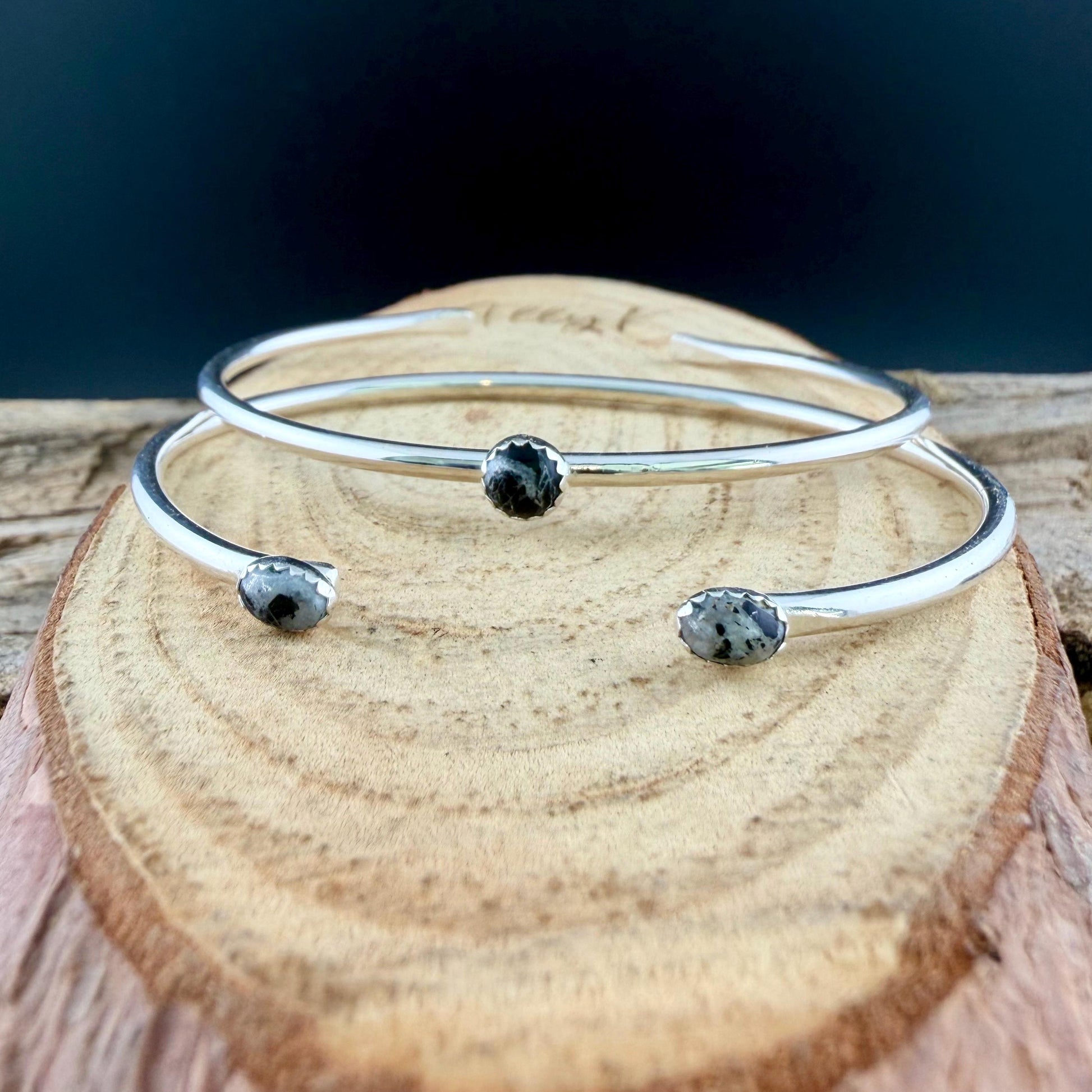 White Buffalo Turquoise Cuff Set of 2 • Handmade Adjustable Sterling Silver Bracelets