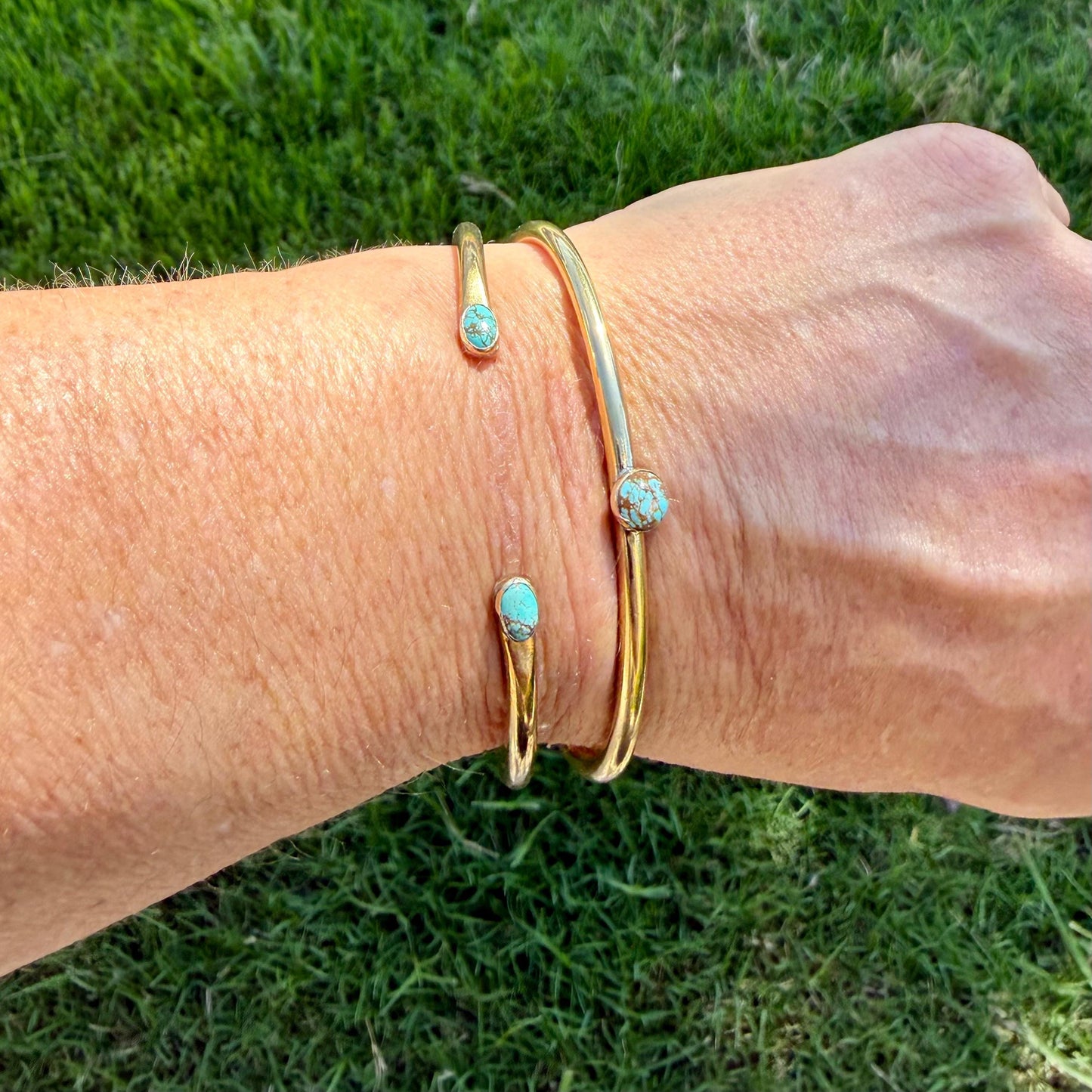 Brass Number 8 Turquoise Rustic Cuff Set of 2 • Hand‑Forged Adjustable Stack