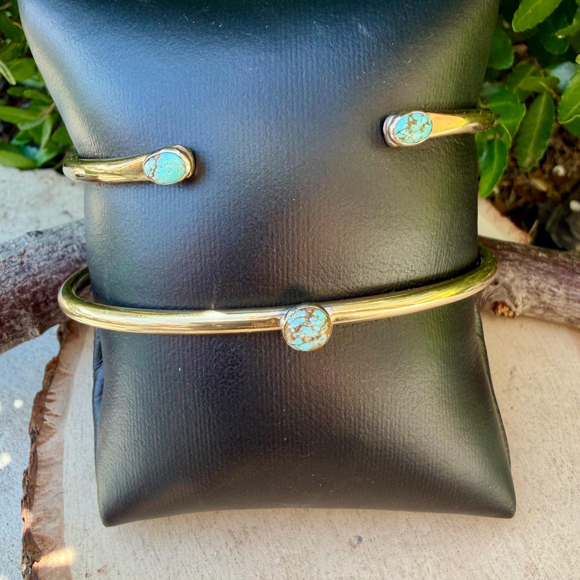 Brass Number 8 Turquoise Rustic Cuff Set of 2 • Hand‑Forged Adjustable Stack