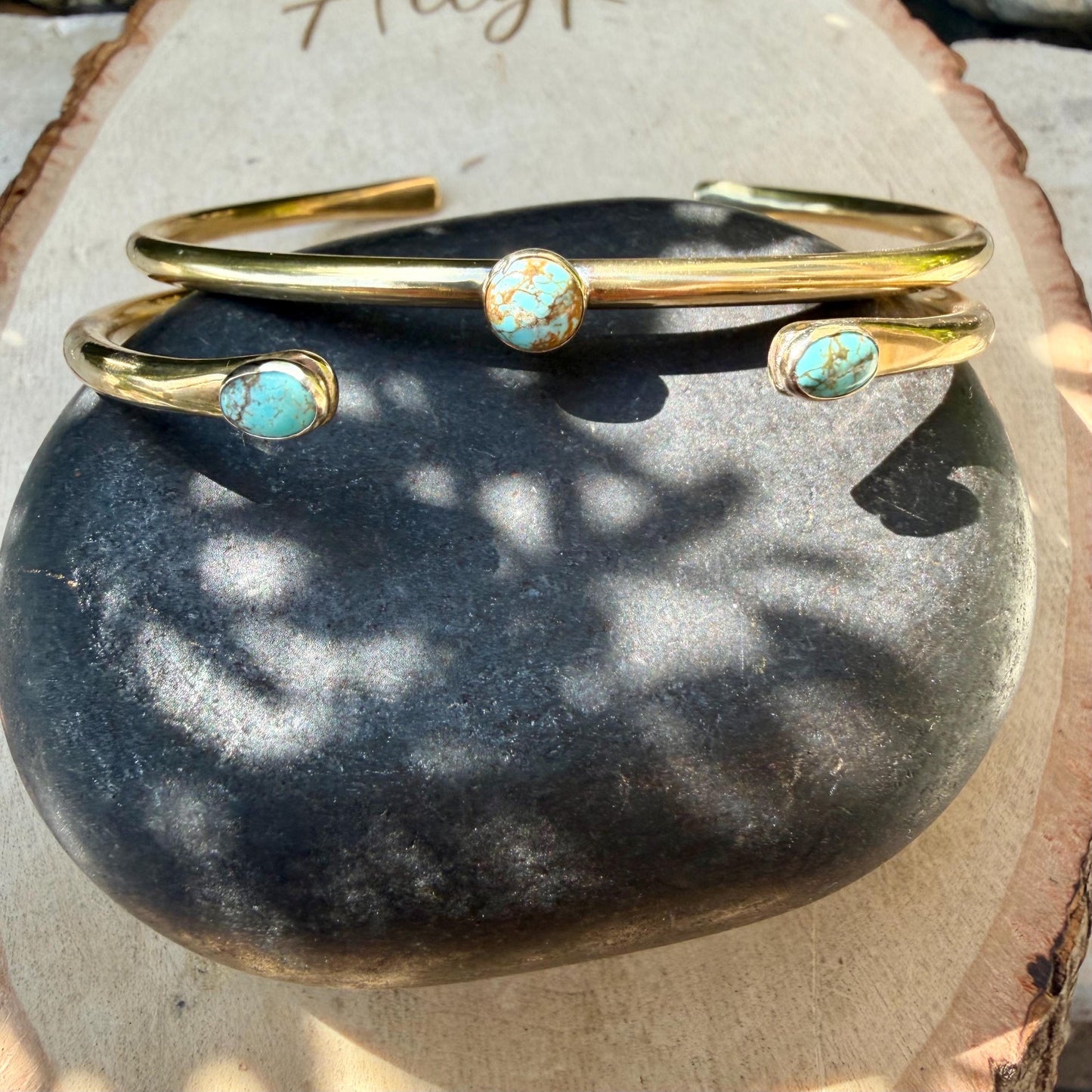 Brass Number 8 Turquoise Rustic Cuff Set of 2 • Hand‑Forged Adjustable Stack