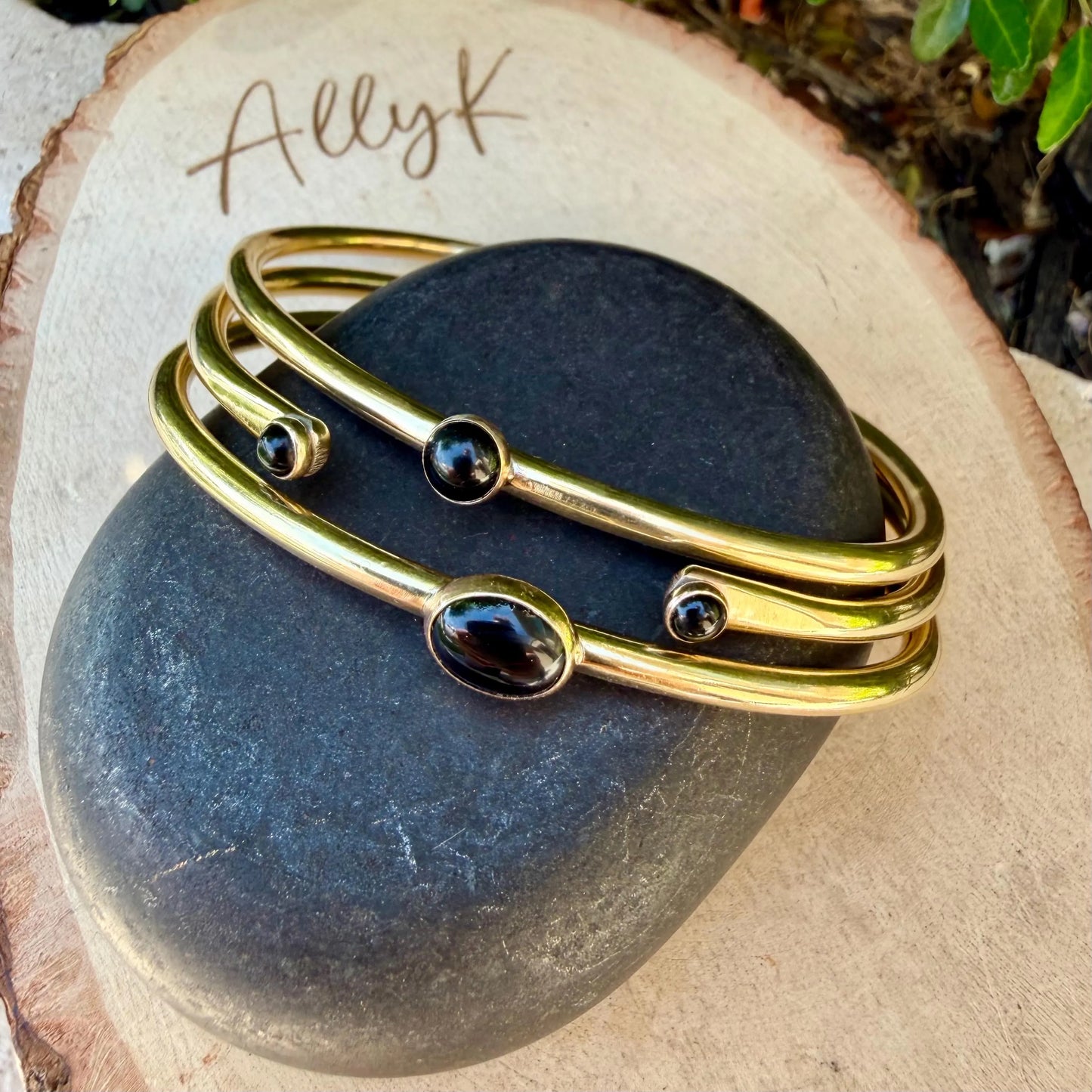 Black Onyx Cuff Bracelets Set | Hand-Forged Brass Stack of 3