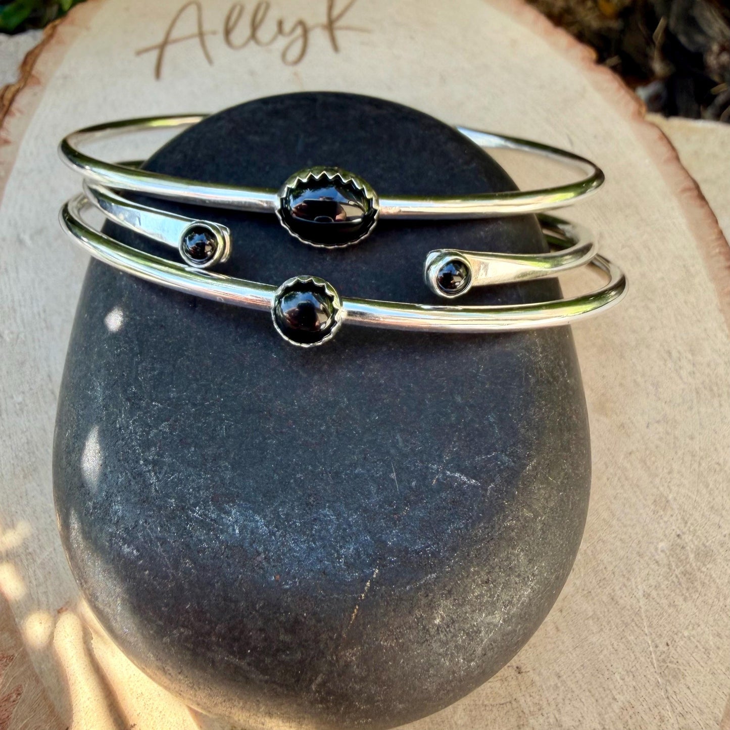 Onyx Cuff Set of 3 – Hand Forged Adjustable Sterling Silver Bracelets