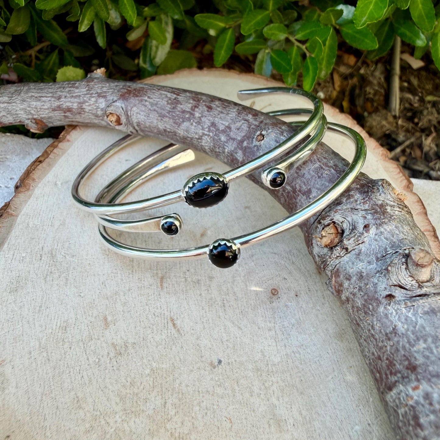 Onyx Cuff Set of 3 – Hand Forged Adjustable Sterling Silver Bracelets