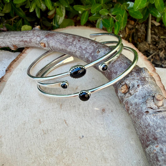 Onyx Cuff Set of 3 – Hand Forged Adjustable Sterling Silver Bracelets