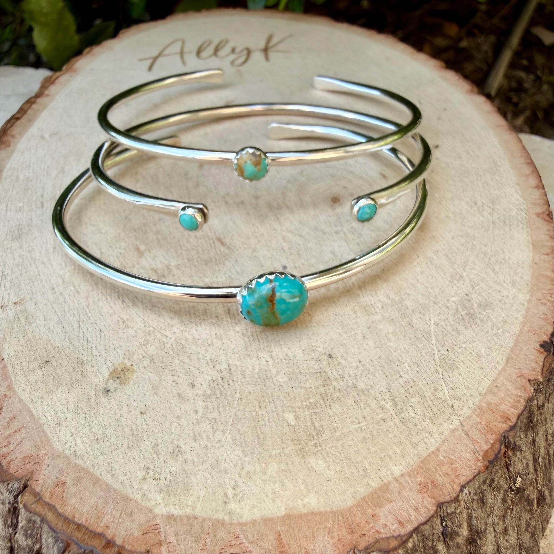 Sterling Kingman Turquoise Cuff Bracelet Set • Hand‑Forged Three‑Piece Stack