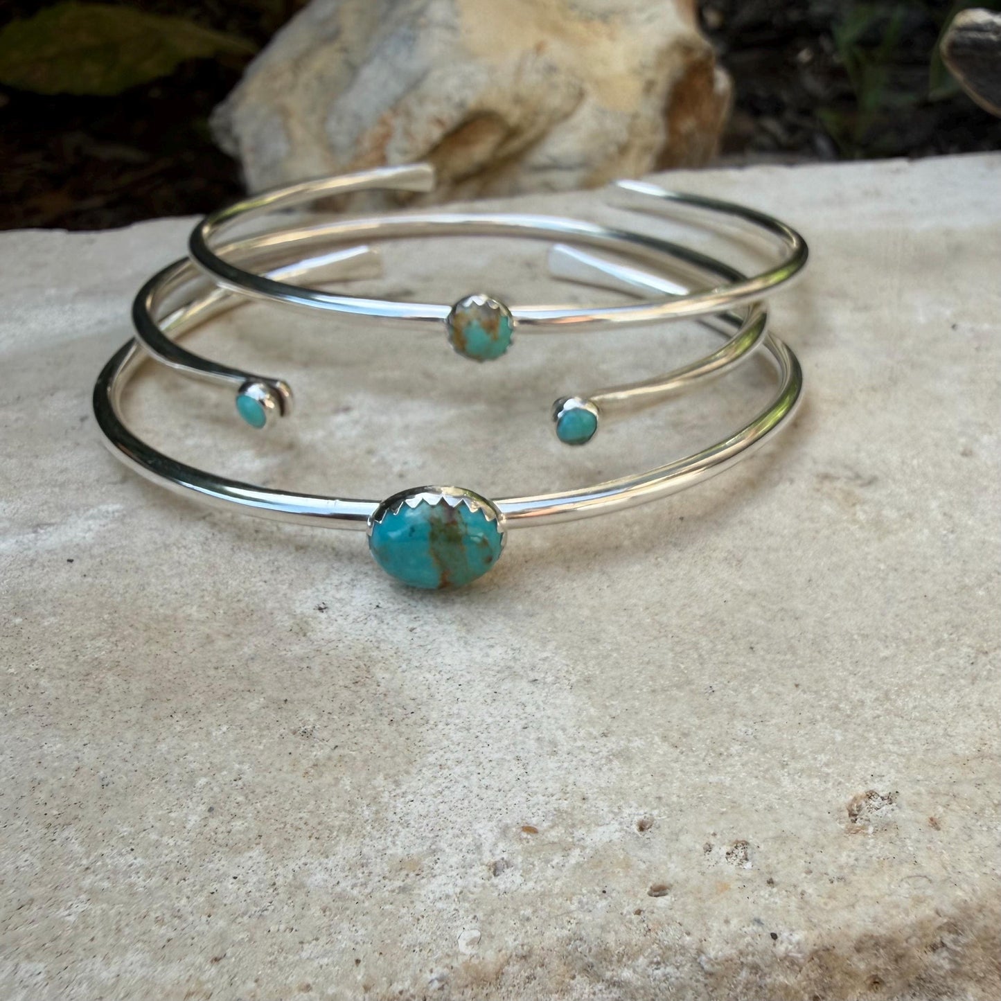 Sterling Kingman Turquoise Cuff Bracelet Set • Hand‑Forged Three‑Piece Stack