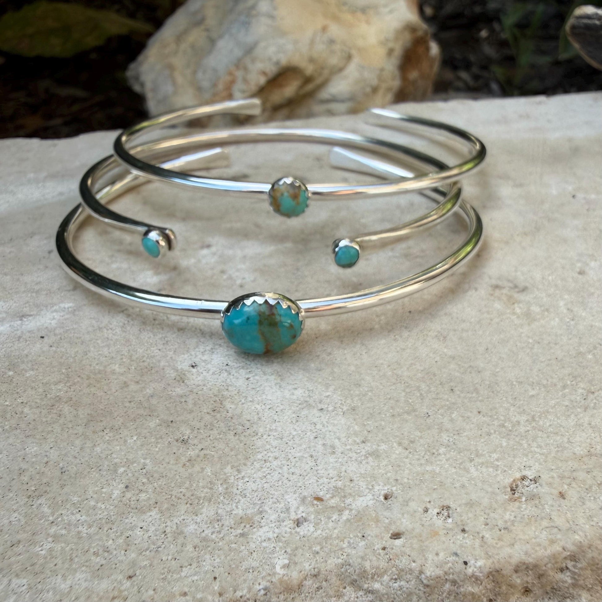 Sterling Kingman Turquoise Cuff Bracelet Set • Hand‑Forged Three‑Piece Stack