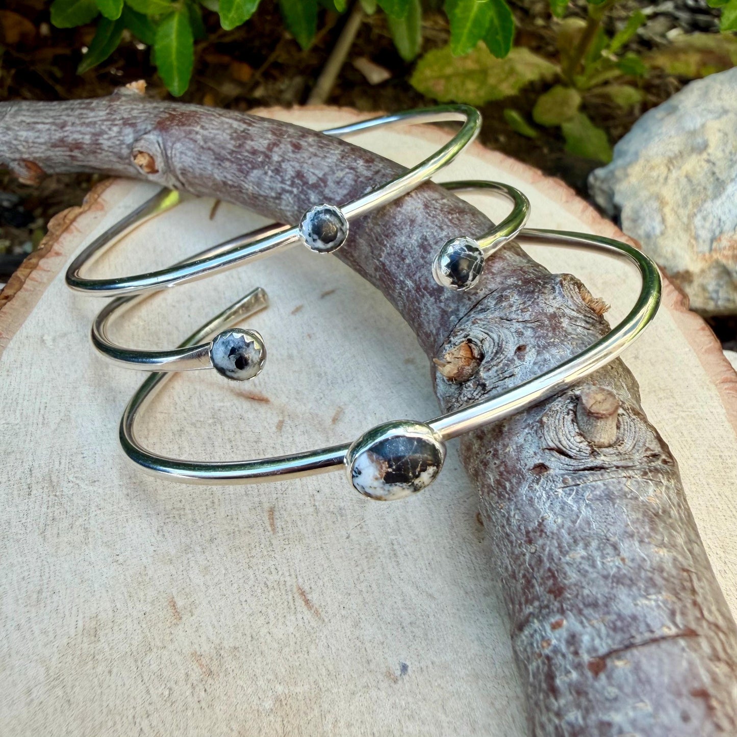 White Buffalo Turquoise Cuff Set of 3 – Handmade Adjustable Sterling Silver Bracelets