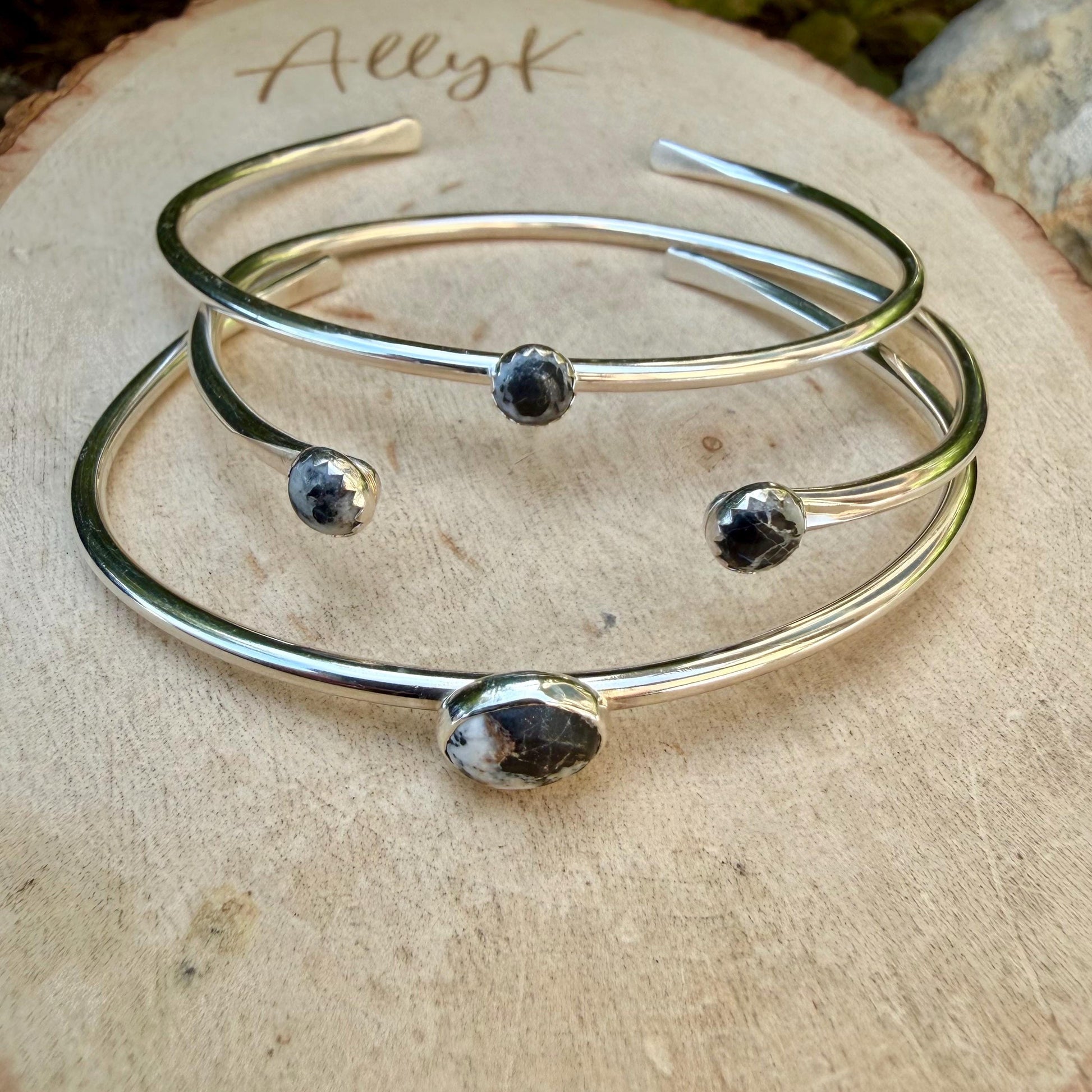 White Buffalo Turquoise Cuff Set of 3 – Handmade Adjustable Sterling Silver Bracelets