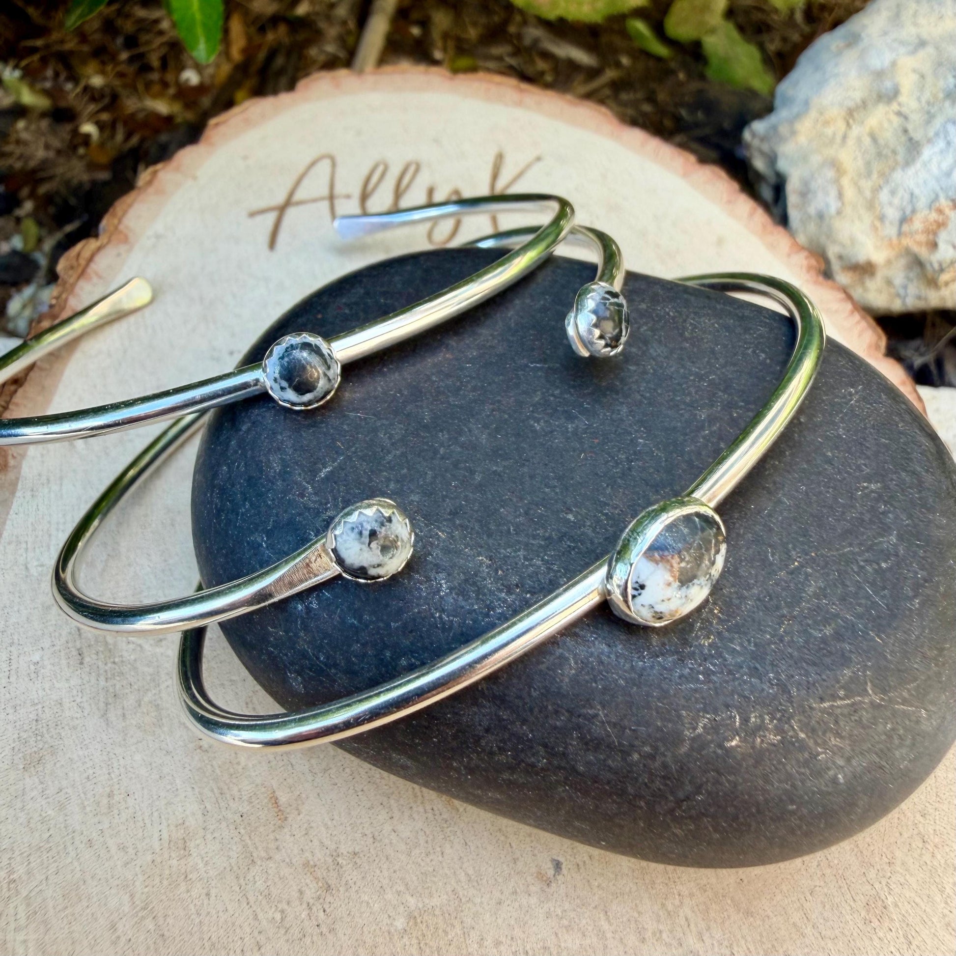 White Buffalo Turquoise Cuff Set of 3 – Handmade Adjustable Sterling Silver Bracelets