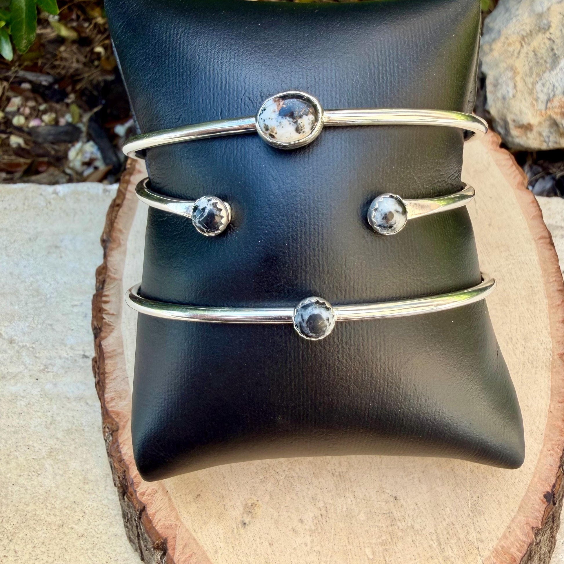 White Buffalo Turquoise Cuff Set of 3 – Handmade Adjustable Sterling Silver Bracelets