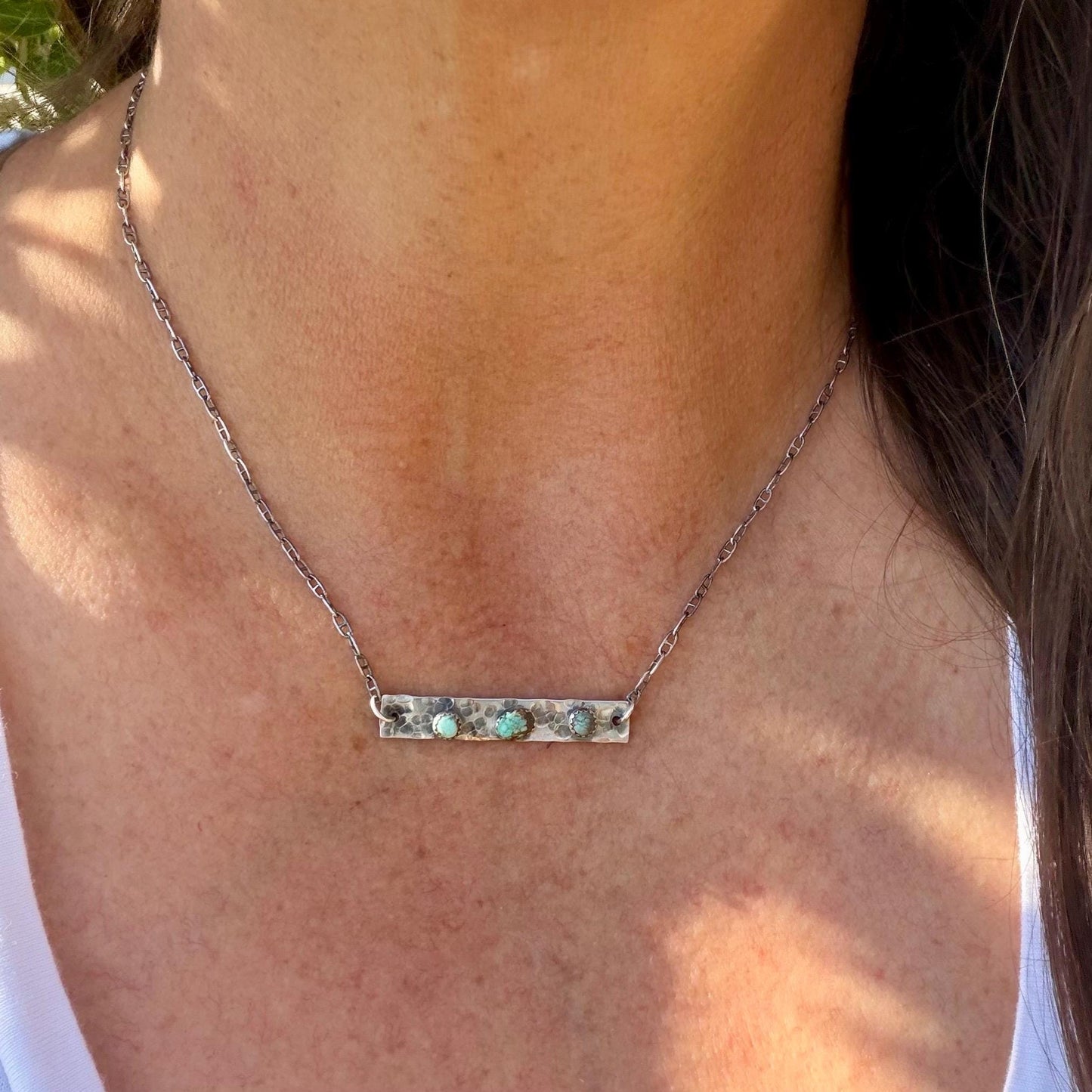 Turquoise Bar Necklace • Sterling Rectangle Pendant • Oxidized Artisan Chain