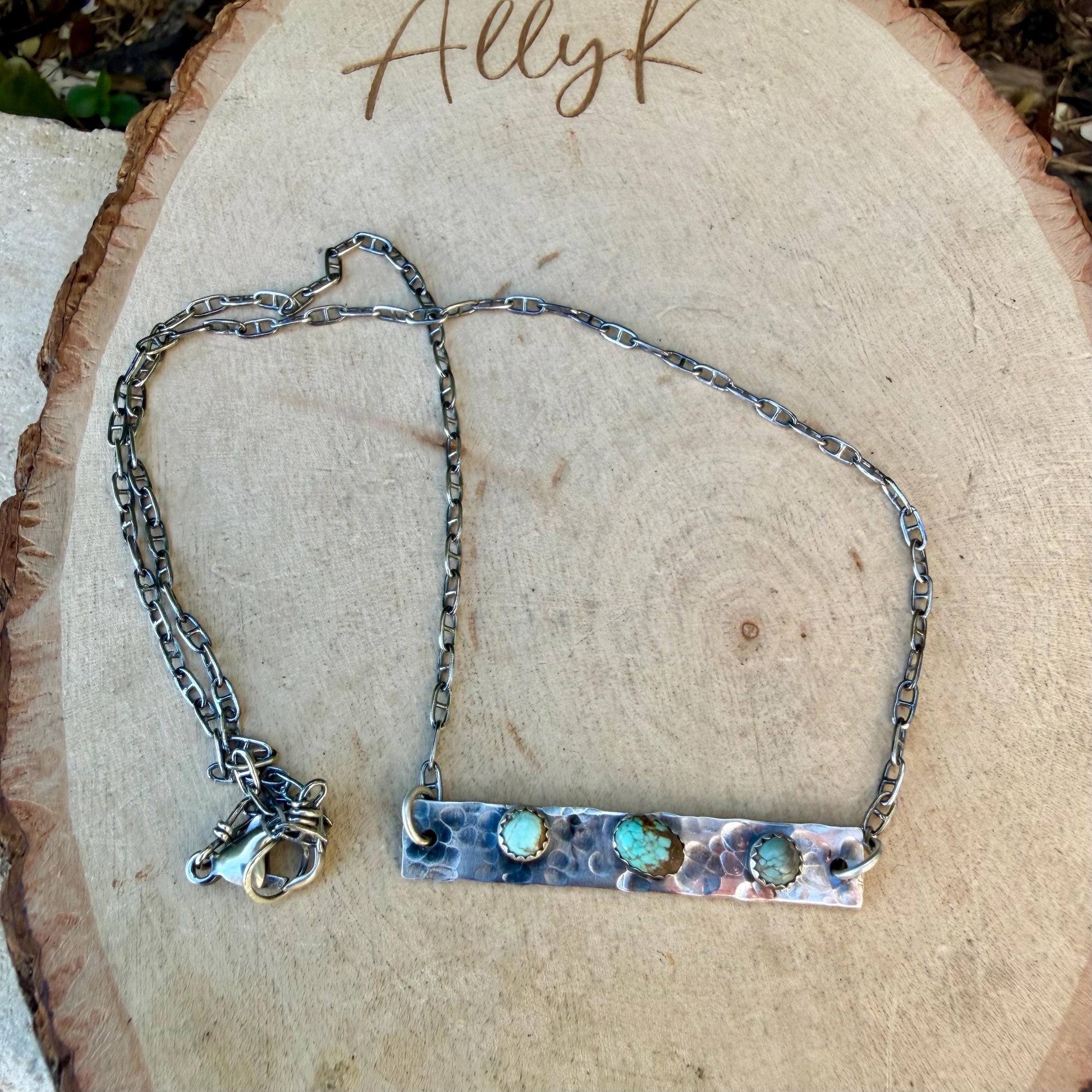 Turquoise Bar Necklace • Sterling Rectangle Pendant • Oxidized Artisan Chain