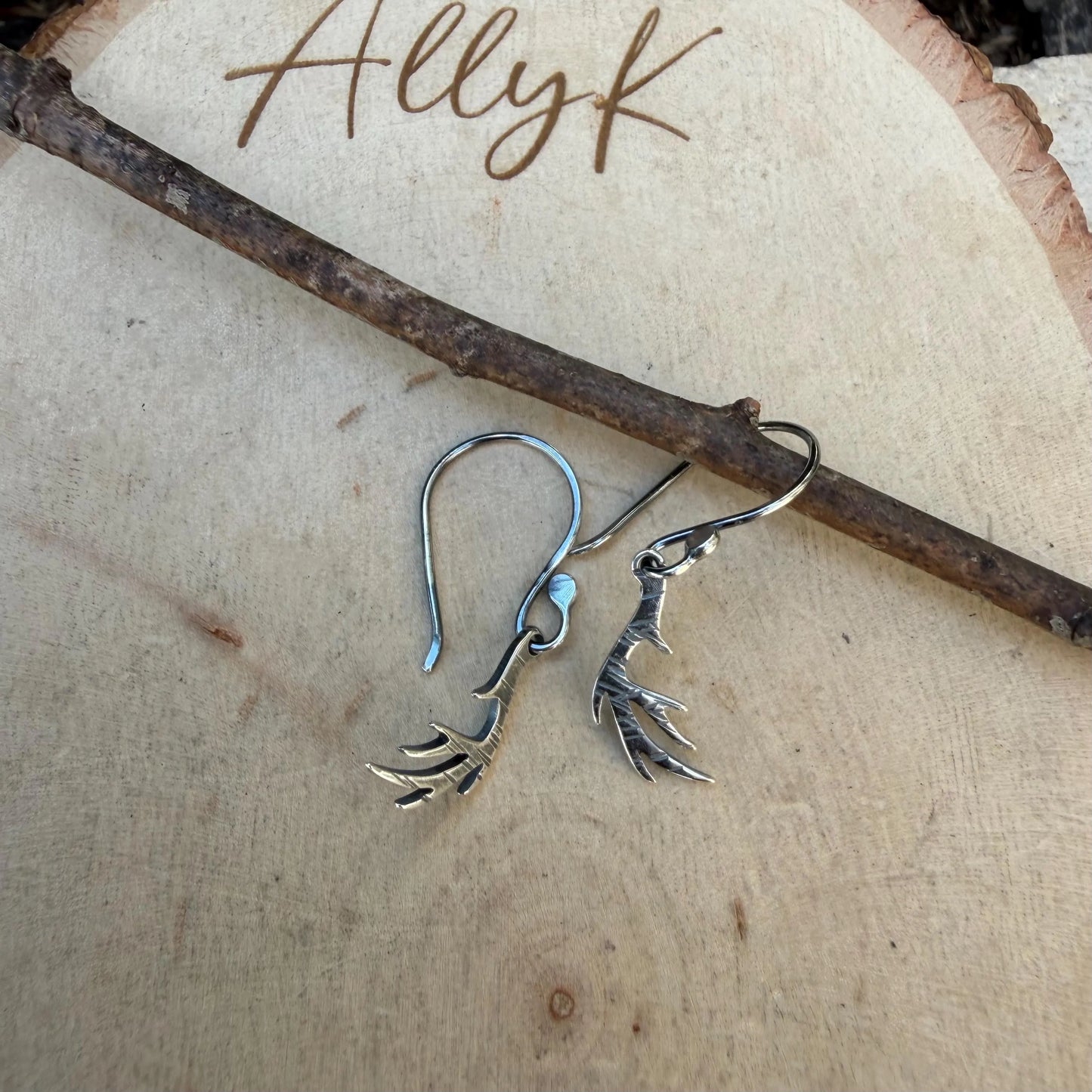 Sterling Silver Deer Antler Earrings • Rustic Nature Inspired Artisan Drops