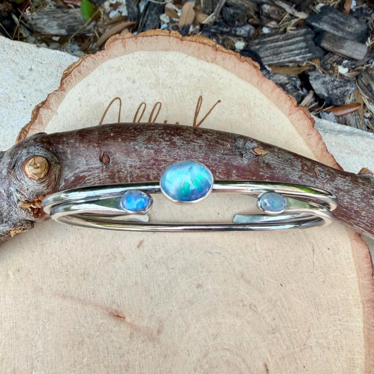 Rainbow Moonstone Cuff Set of 2 • Handmade Adjustable Sterling Silver Stack Bracelets