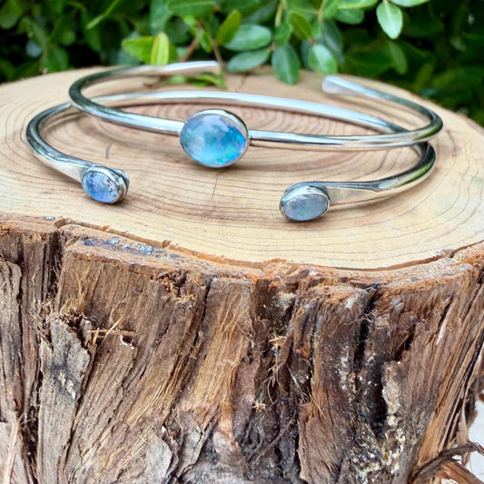 Rainbow Moonstone Cuff Set of 2 • Handmade Adjustable Sterling Silver Stack Bracelets