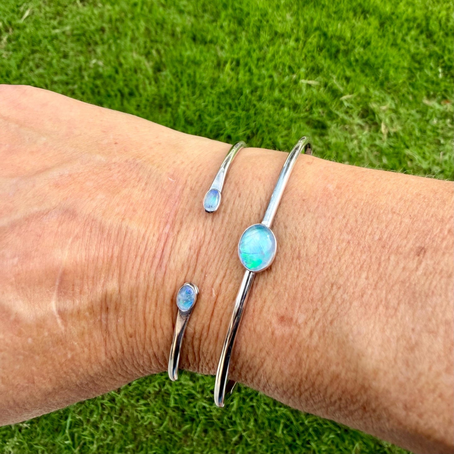 Rainbow Moonstone Cuff Set of 2 • Handmade Adjustable Sterling Silver Stack Bracelets