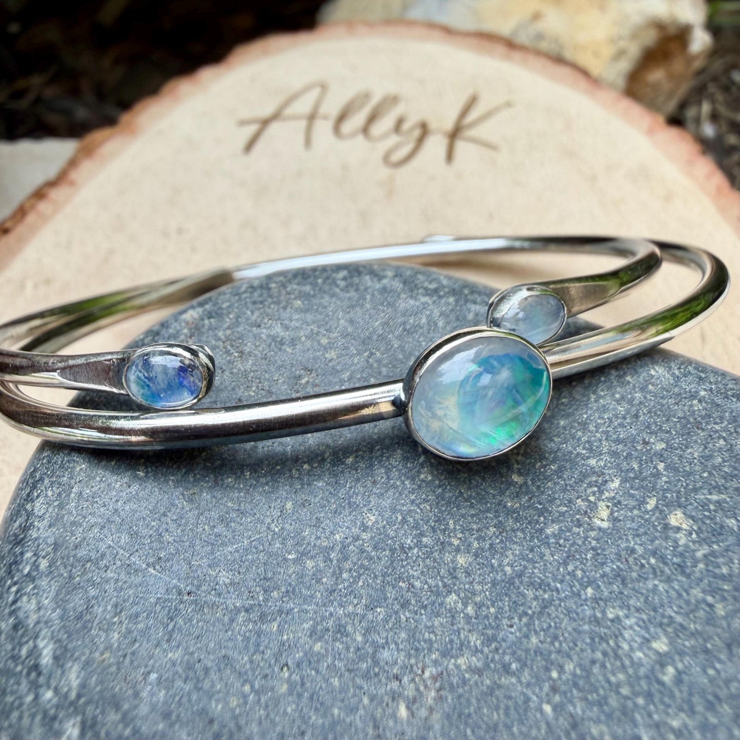 Rainbow Moonstone Cuff Set of 2 • Handmade Adjustable Sterling Silver Stack Bracelets