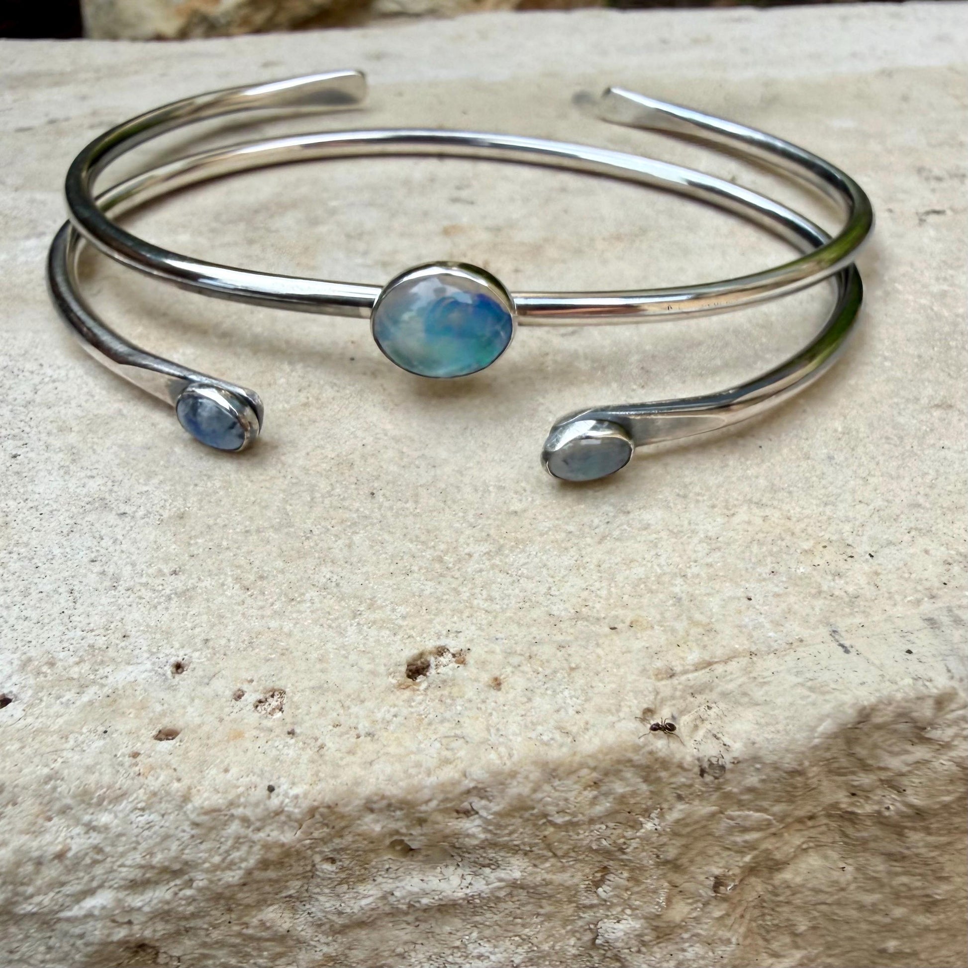 Rainbow Moonstone Cuff Set of 2 • Handmade Adjustable Sterling Silver Stack Bracelets