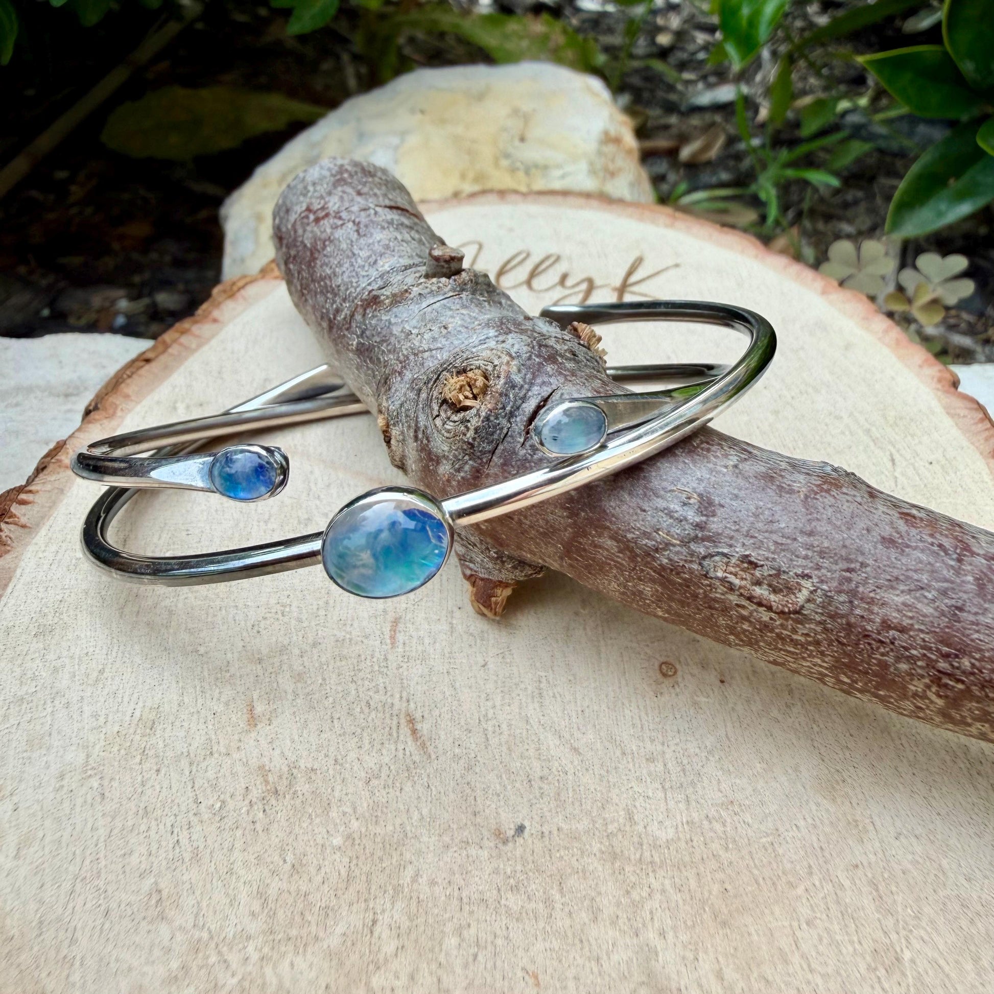 Rainbow Moonstone Cuff Set of 2 • Handmade Adjustable Sterling Silver Stack Bracelets