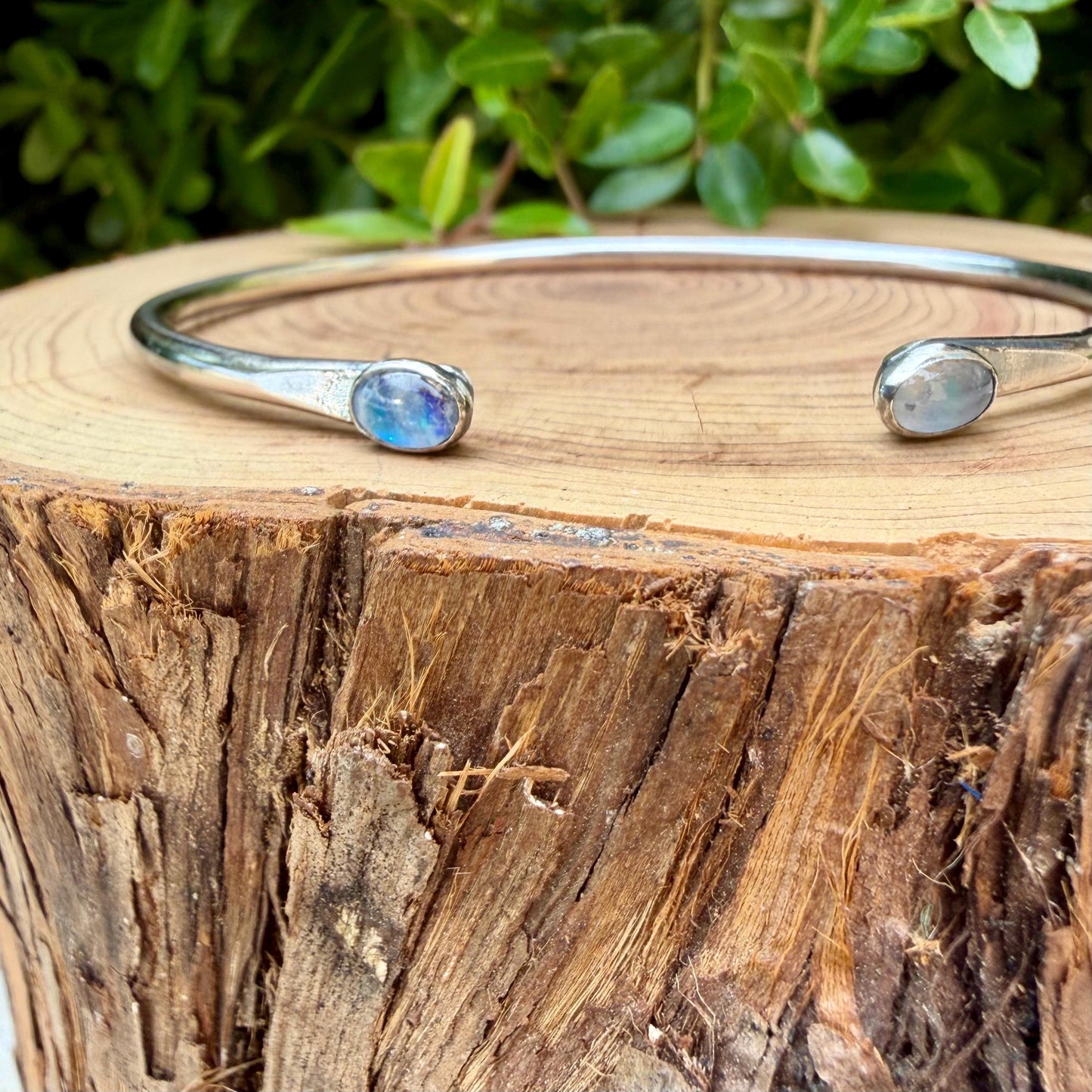 Rainbow Moonstone Cuff Set of 2 • Handmade Adjustable Sterling Silver Stack Bracelets