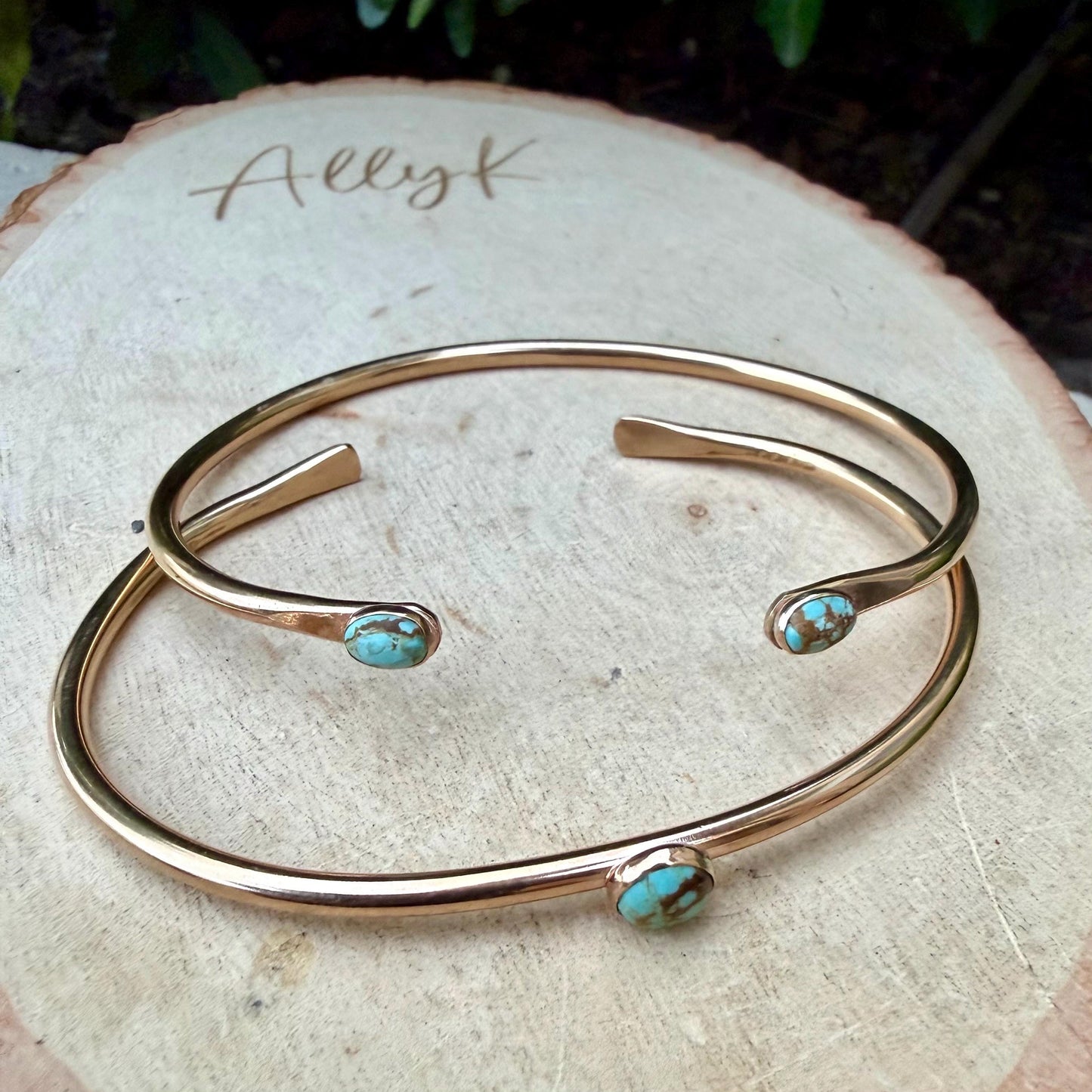 14k Gold Filled Number 8 Turquoise Cuff Bracelet Set • Hand‑Forged Two‑Piece Stack