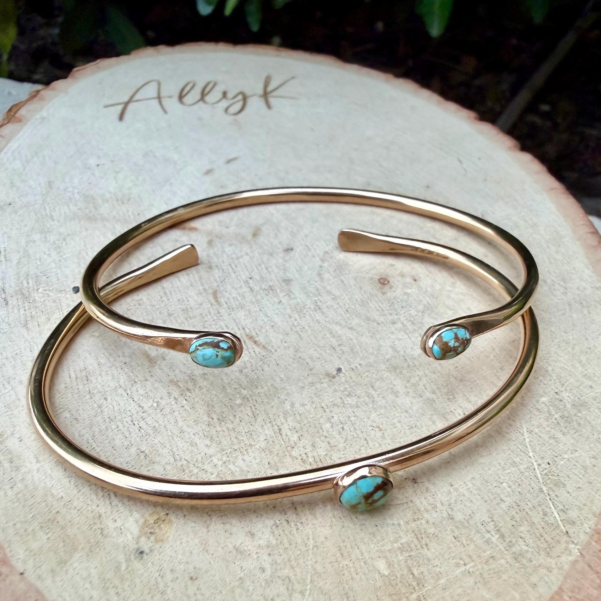 14k Gold Filled Number 8 Turquoise Cuff Bracelet Set • Hand‑Forged Two‑Piece Stack