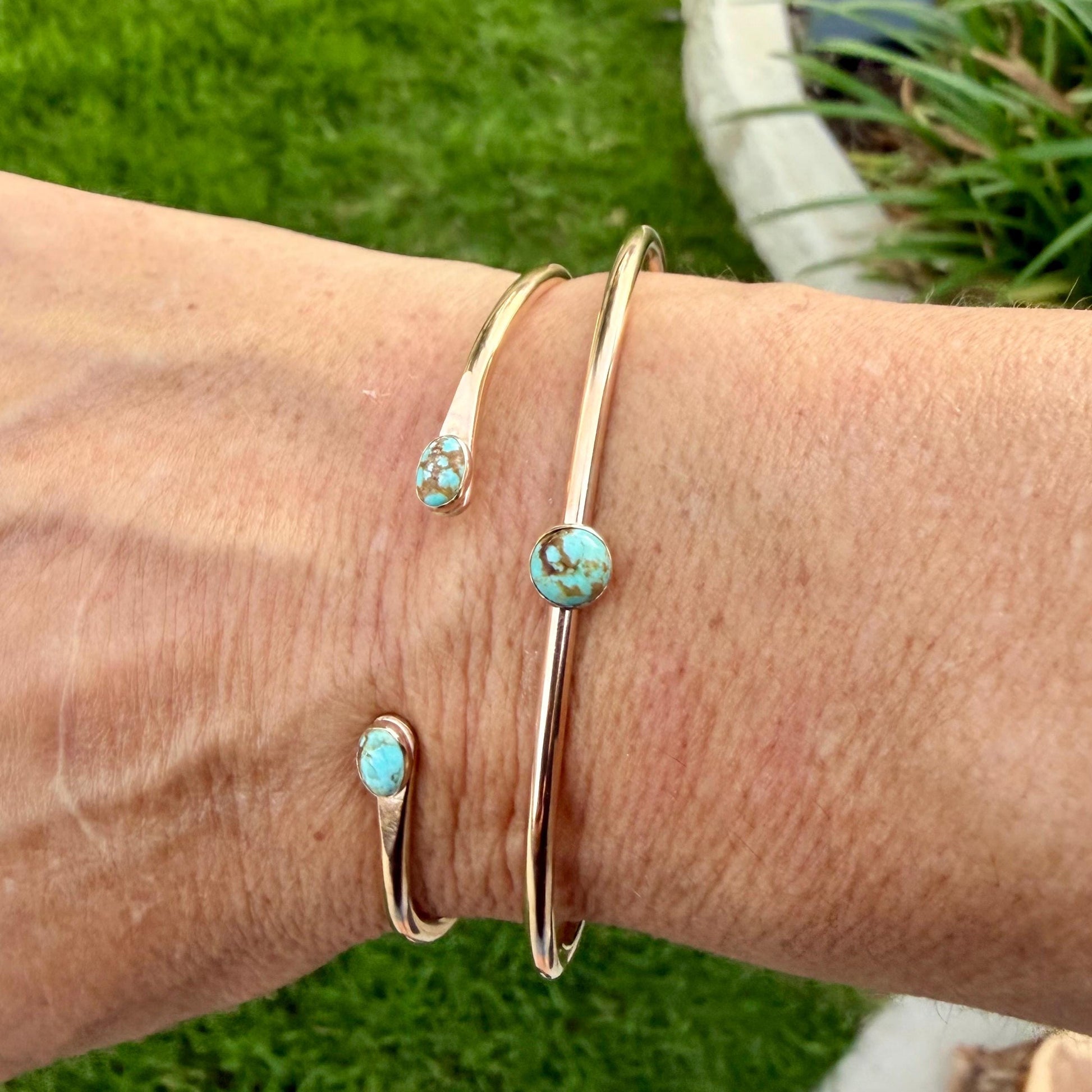 14k Gold Filled Number 8 Turquoise Cuff Bracelet Set • Hand‑Forged Two‑Piece Stack