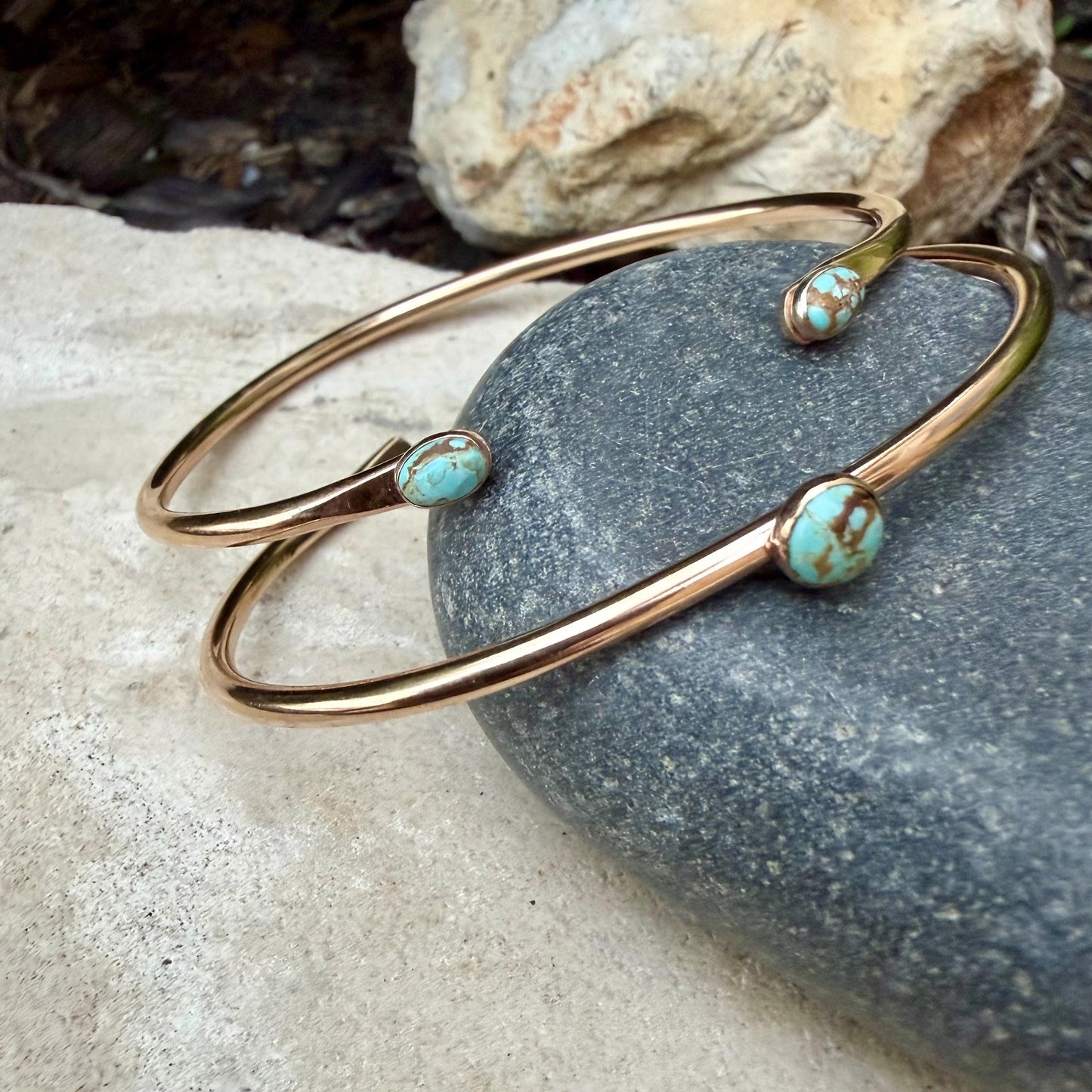 14k Gold Filled Number 8 Turquoise Cuff Bracelet Set • Hand‑Forged Two‑Piece Stack