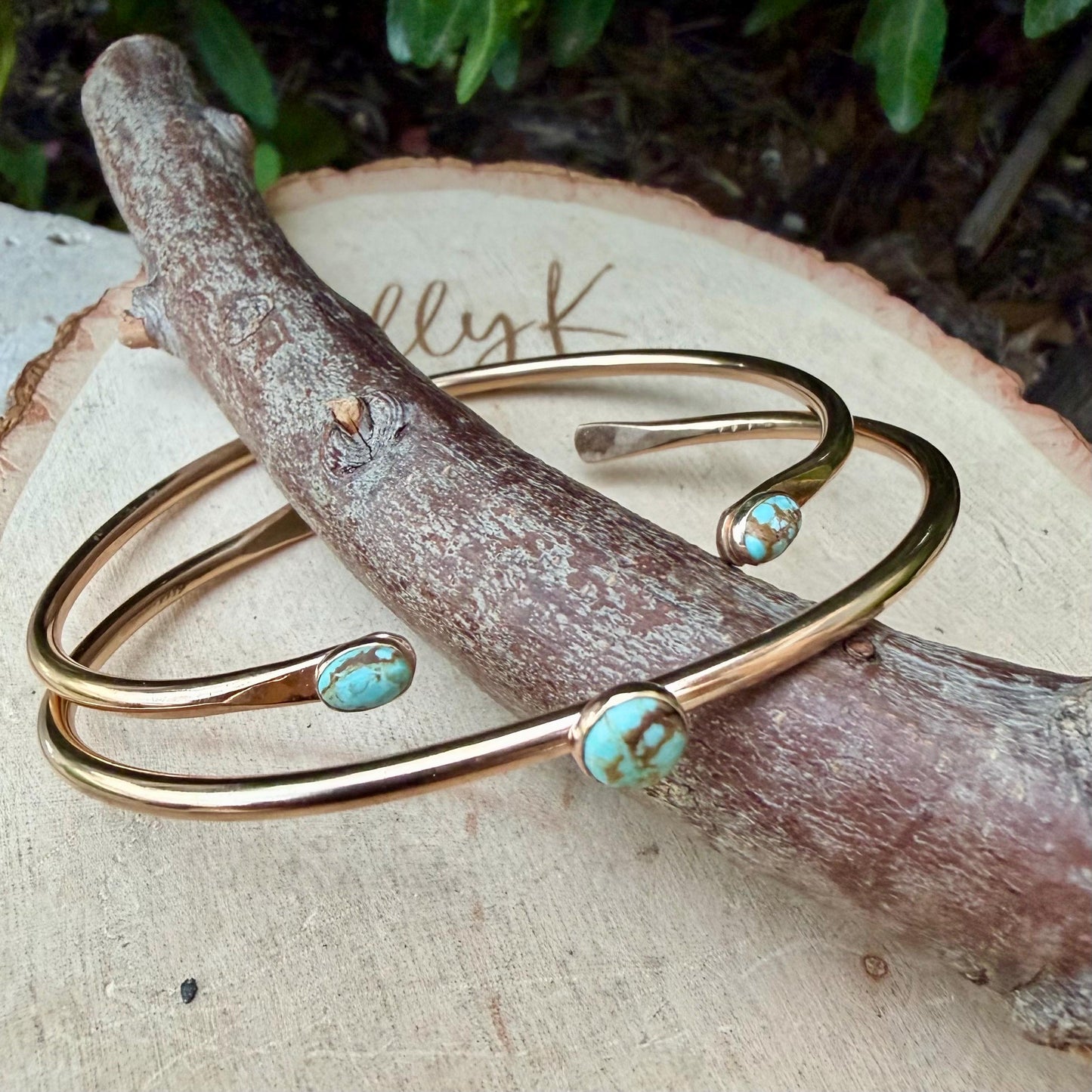 14k Gold Filled Number 8 Turquoise Cuff Bracelet Set • Hand‑Forged Two‑Piece Stack
