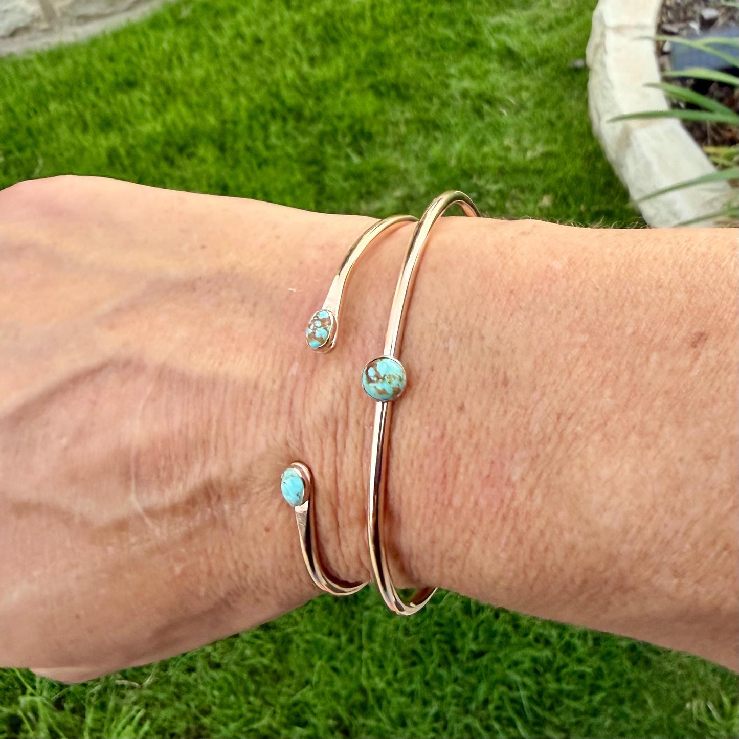 14k Gold Filled Number 8 Turquoise Cuff Bracelet Set • Hand‑Forged Two‑Piece Stack