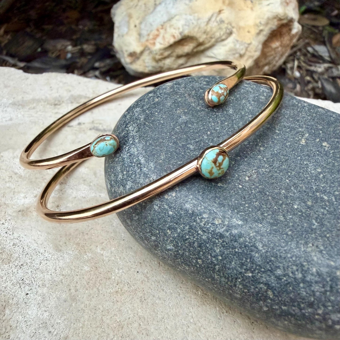 14k Gold Filled Number 8 Turquoise Cuff Bracelet Set • Hand‑Forged Two‑Piece Stack