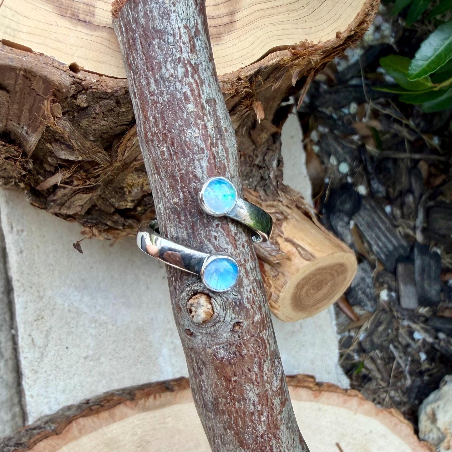 Rainbow Moonstone Sterling Silver Ring • Adjustable Double Bezel • Open Design