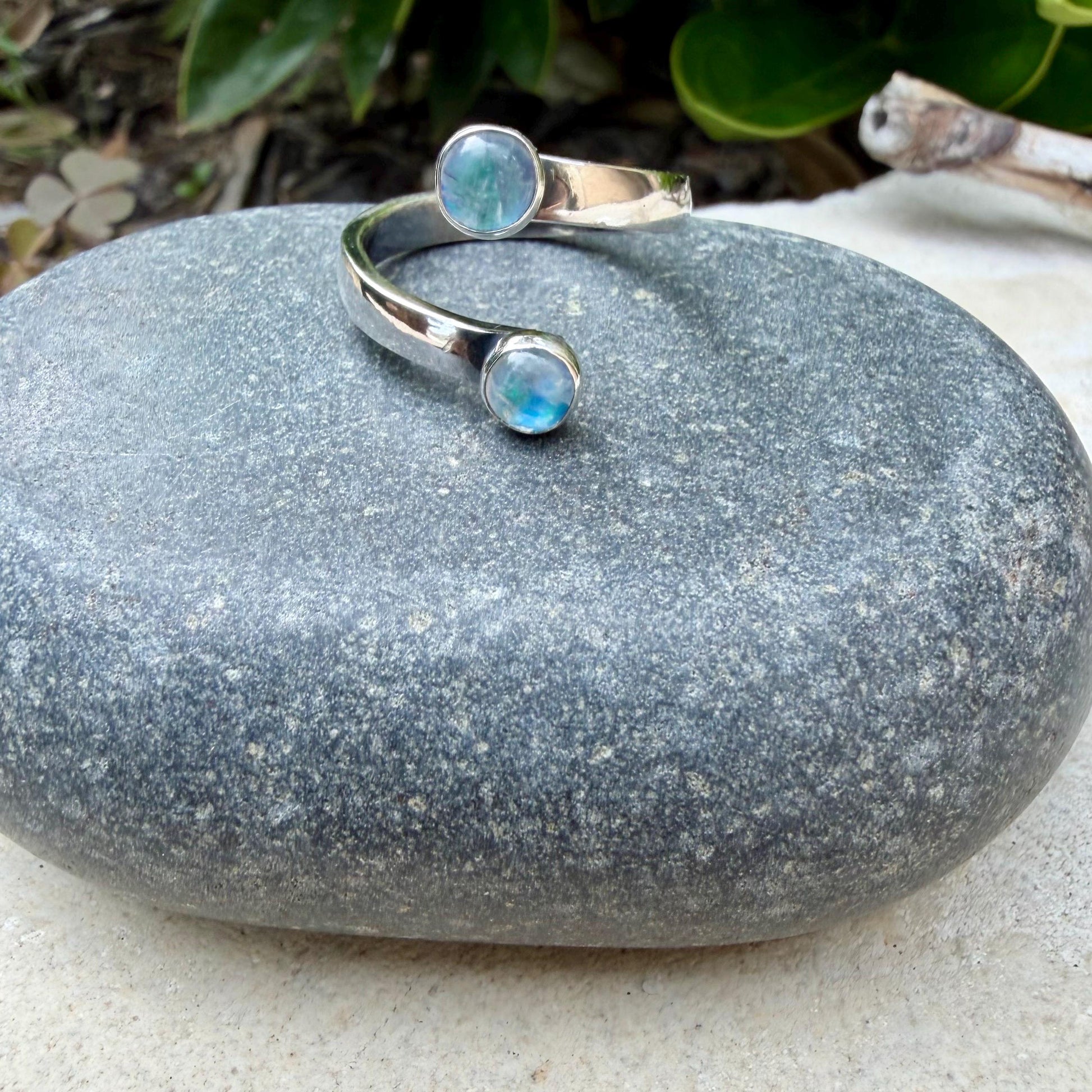 Rainbow Moonstone Sterling Silver Ring • Adjustable Double Bezel • Open Design