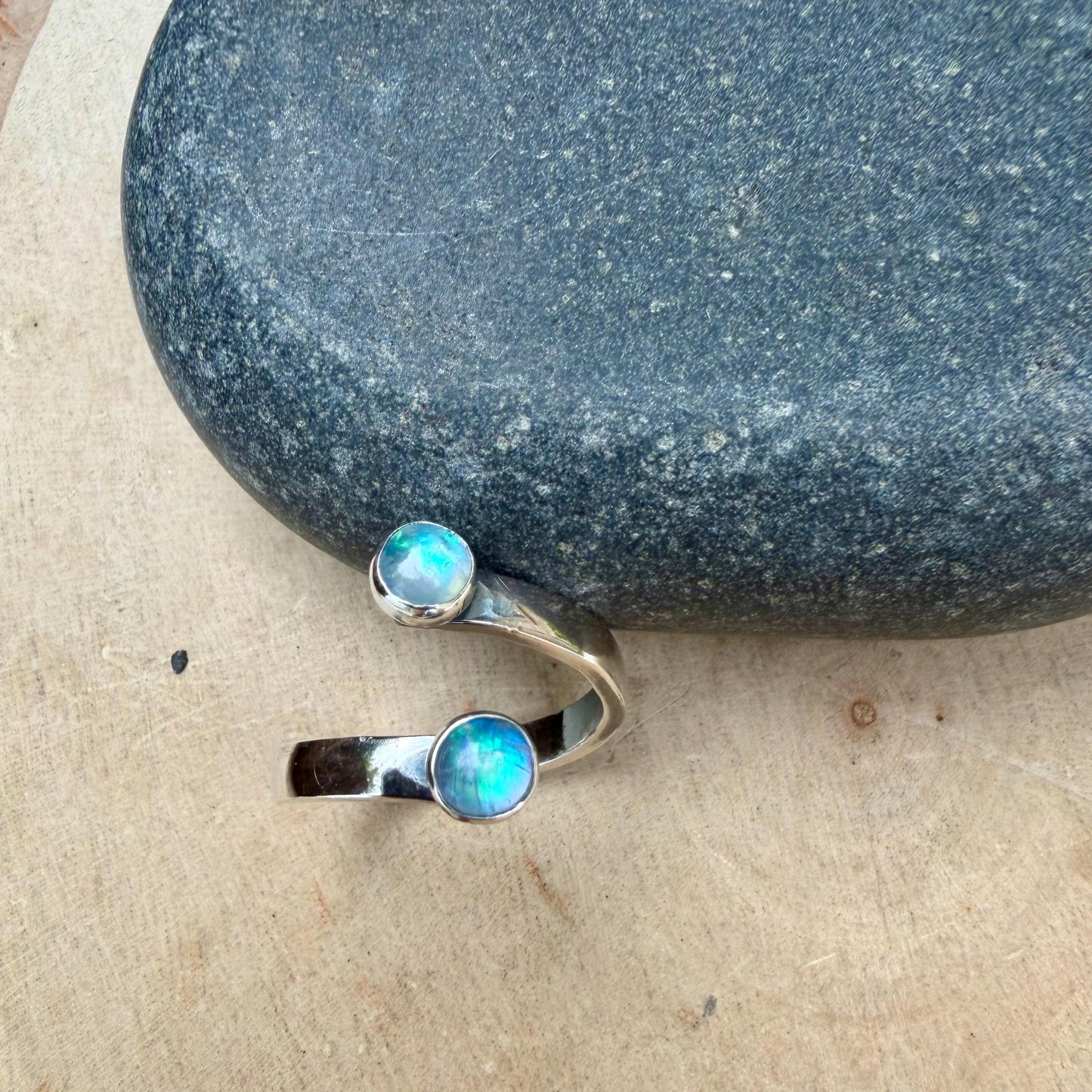 Rainbow Moonstone Sterling Silver Ring • Adjustable Double Bezel • Open Design