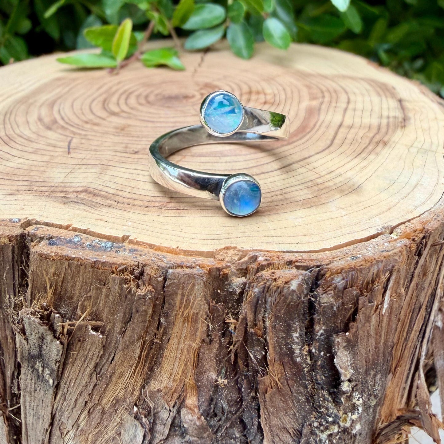 Rainbow Moonstone Sterling Silver Ring • Adjustable Double Bezel • Open Design