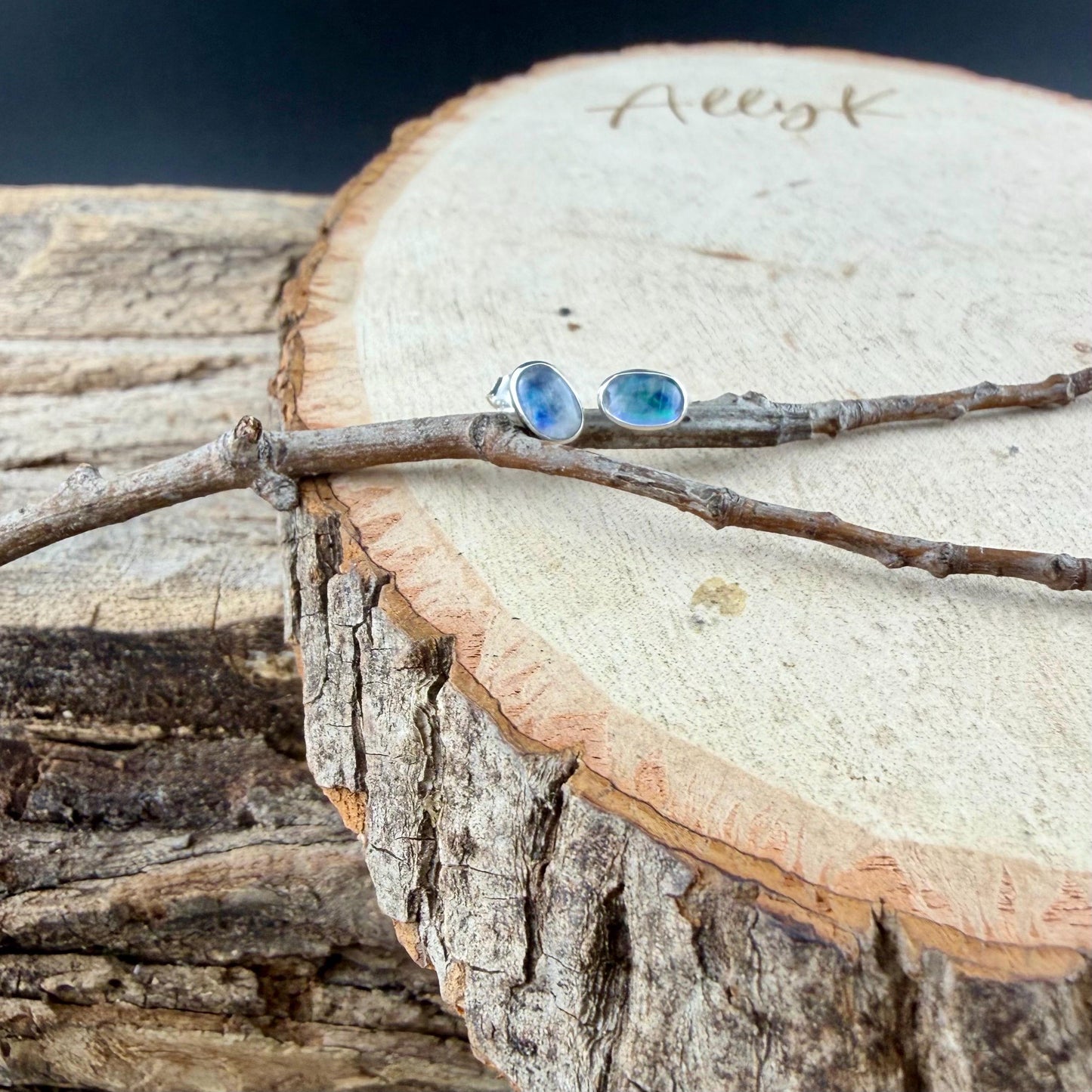 Rainbow Moonstone Stud Post Earrings • 4×6mm Oval • Sterling Silver