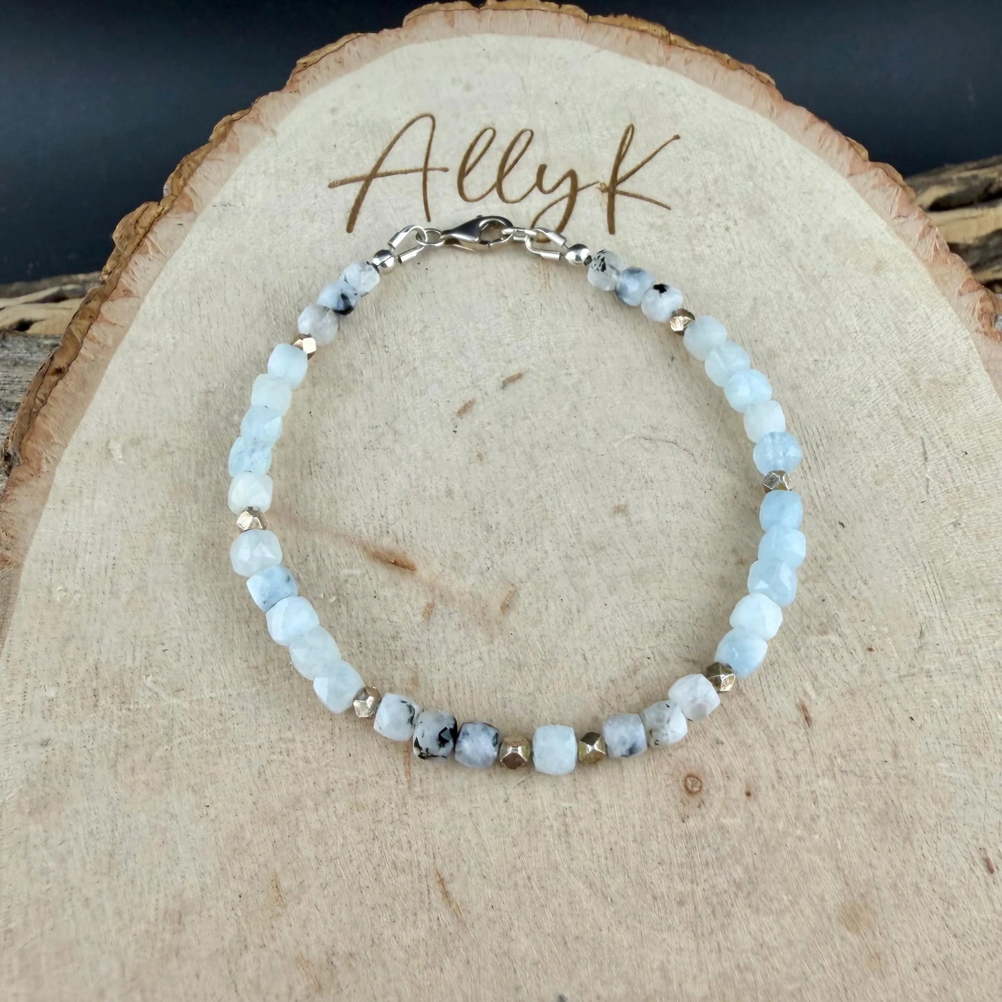 Aquamarine Lapis Moonstone Bracelet • Rainbow Moonstone–Tourmaline • Sterling Silver Stacker