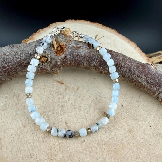 Aquamarine Lapis Moonstone Bracelet • Rainbow Moonstone–Tourmaline • Sterling Silver Stacker