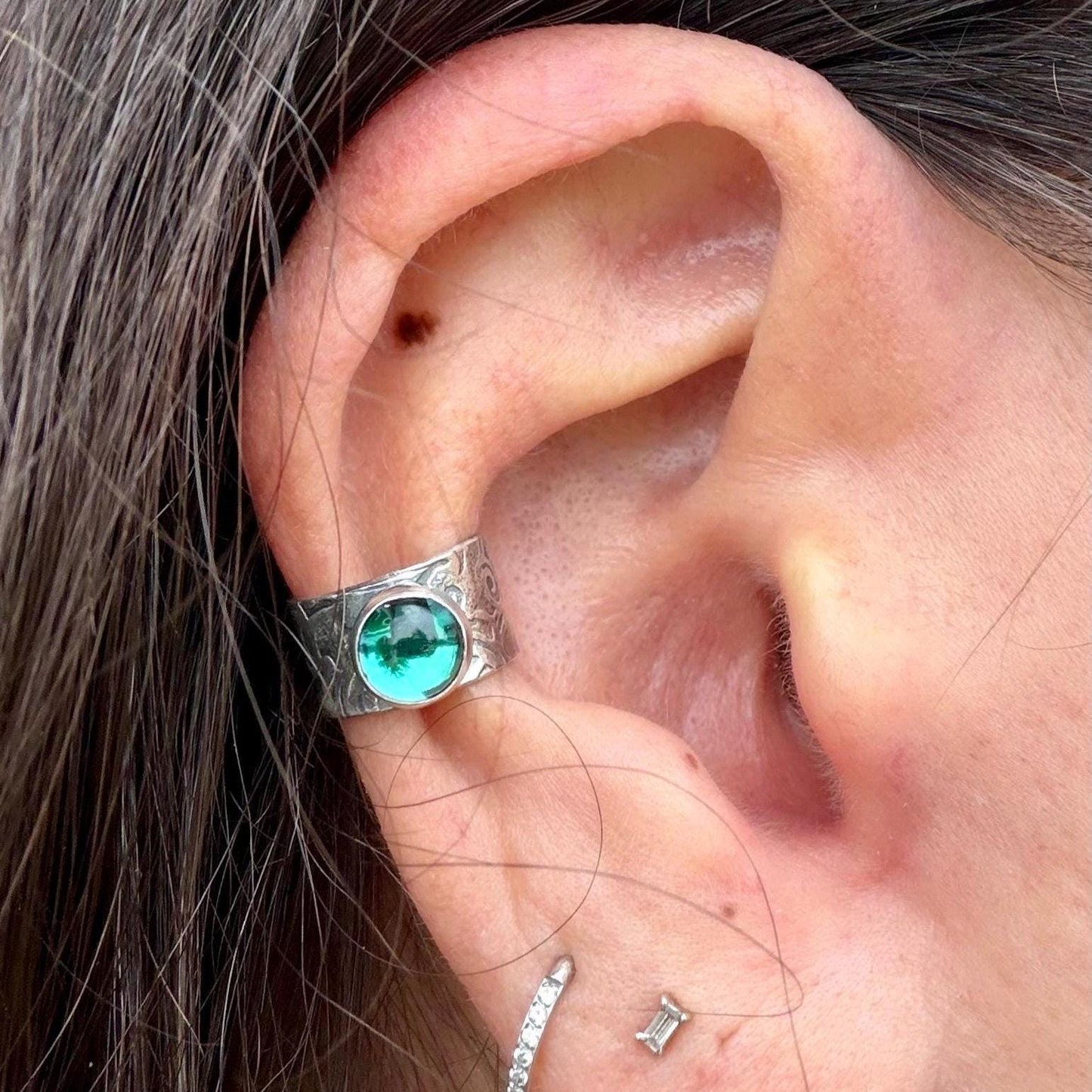 Blue Topaz 6mm Ear Cuff • Sterling Silver Paisley Wrap • Faux Conch • No Piercing