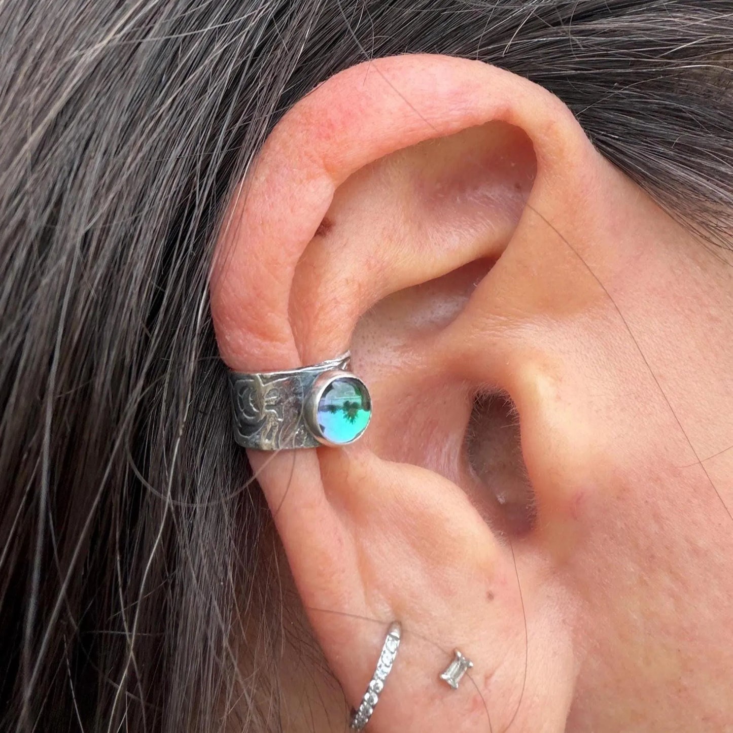 Blue Topaz 6mm Ear Cuff • Sterling Silver Paisley Wrap • Faux Conch • No Piercing