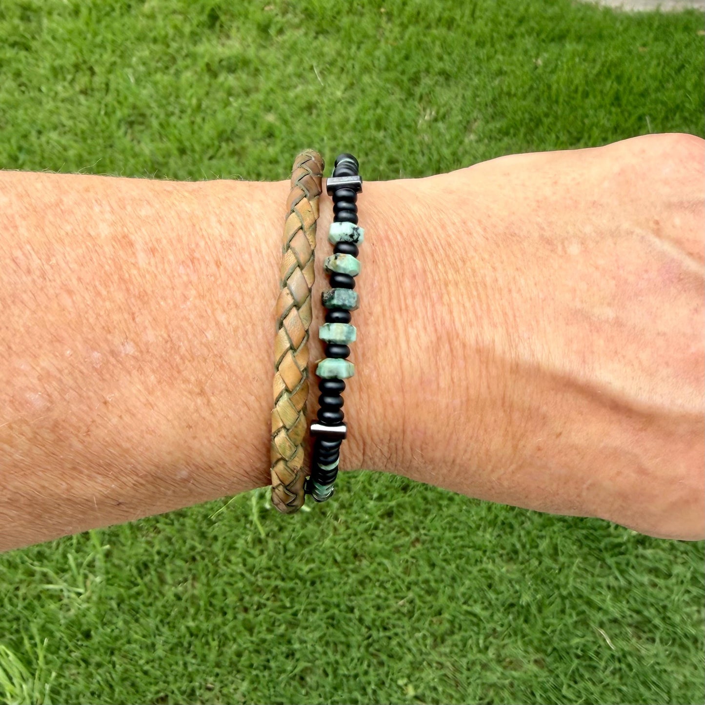 Camo Leather Bracelet Set • African Turquoise • Onyx • Hematite • Stainless Steel Bayonet Clasp