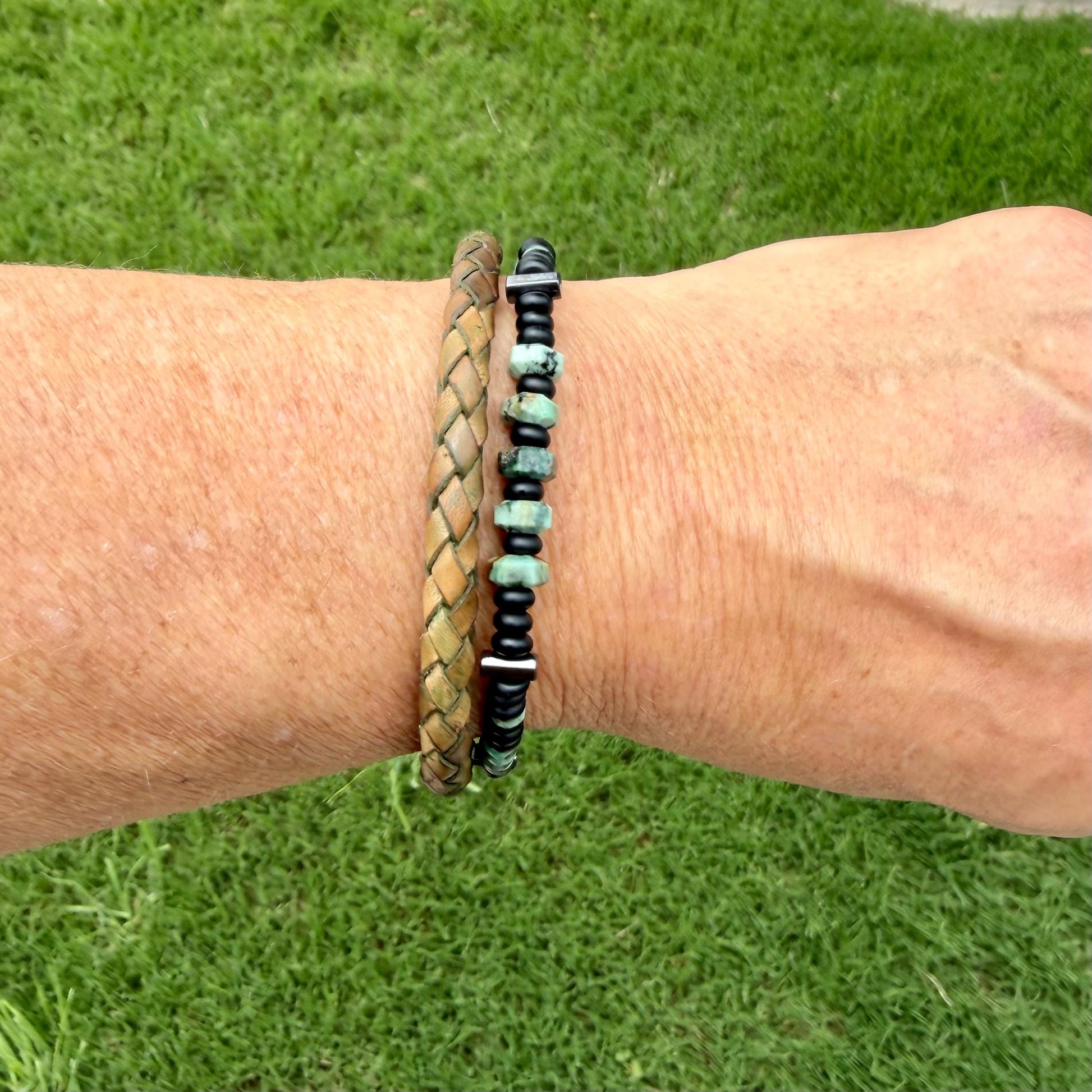 Camo Leather Bracelet Set • African Turquoise • Onyx • Hematite • Stainless Steel Bayonet Clasp