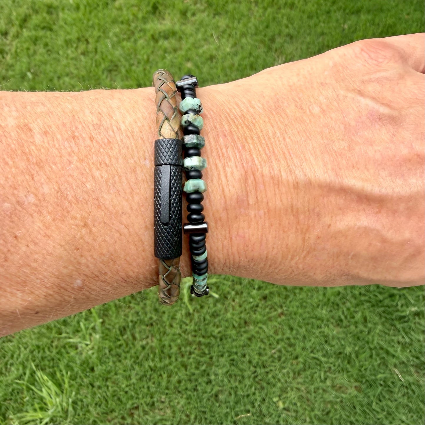 Camo Leather Bracelet Set • African Turquoise • Onyx • Hematite • Stainless Steel Bayonet Clasp